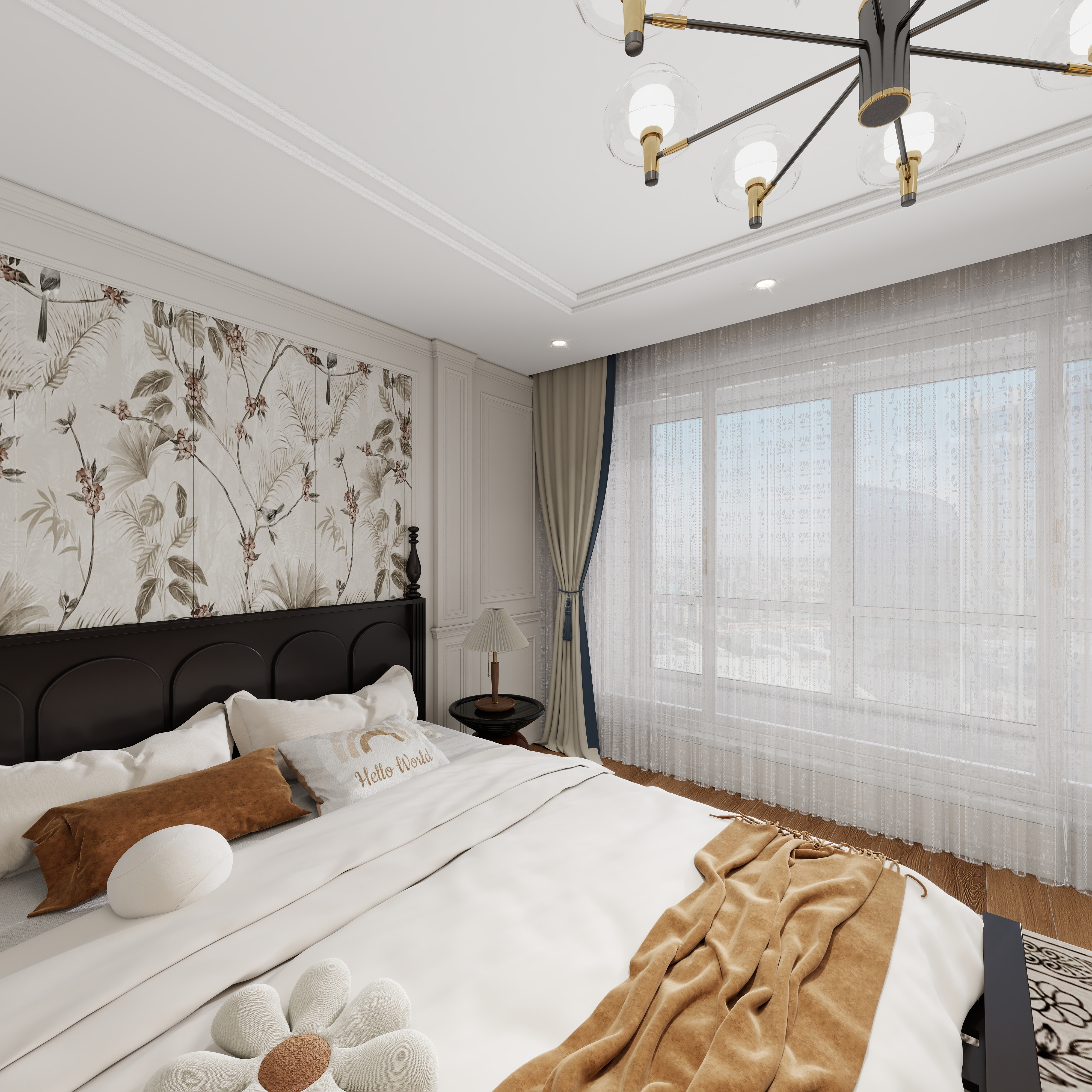 张岩-鹿鸣湾复式楼美式田园二层主卧室装修效果图第5张