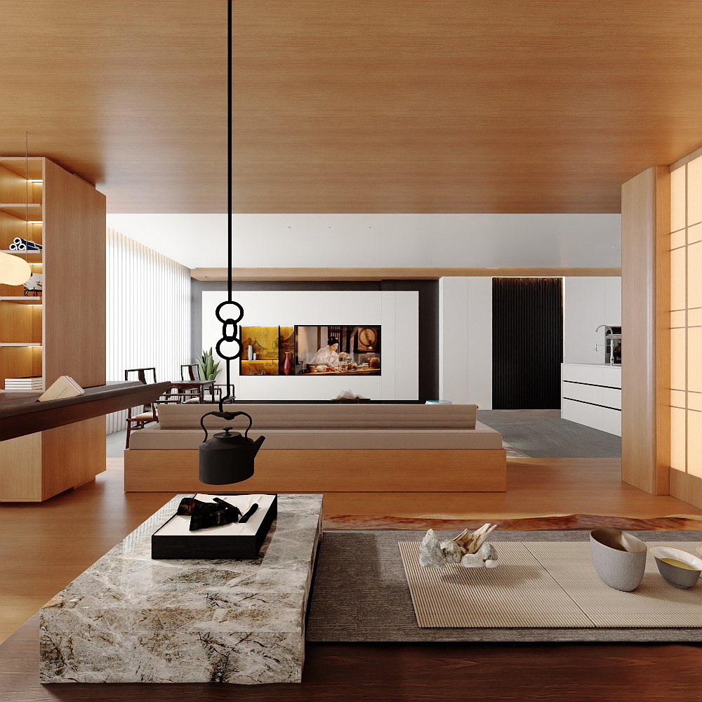 茶韵风轻-中式极简大平层装修效果图