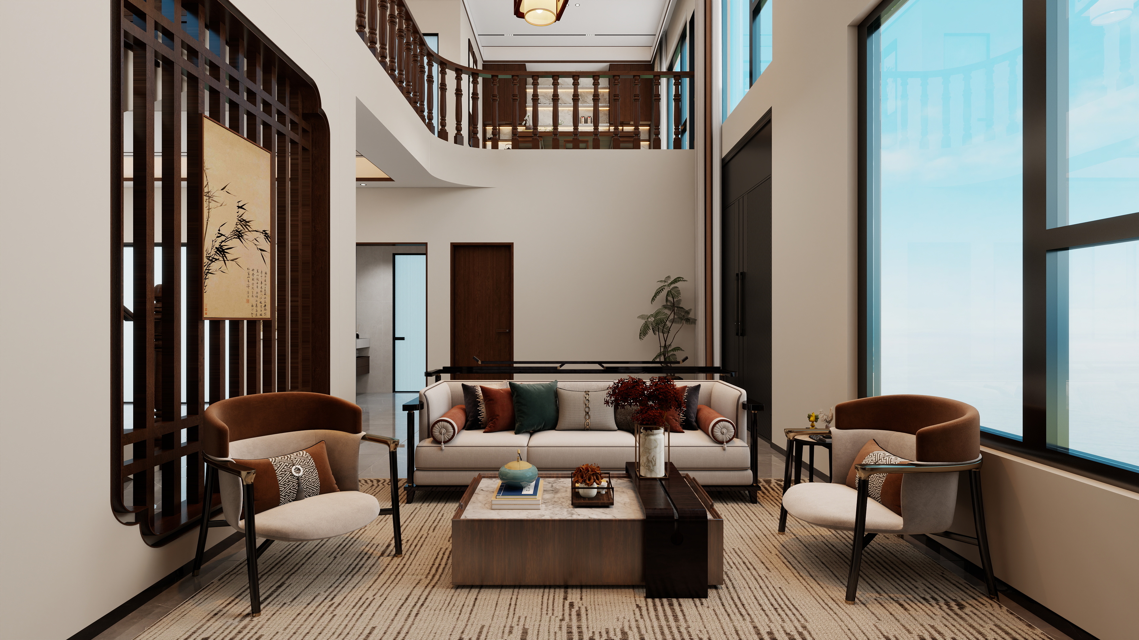 李青越-142方新中式风格别墅装修效果图