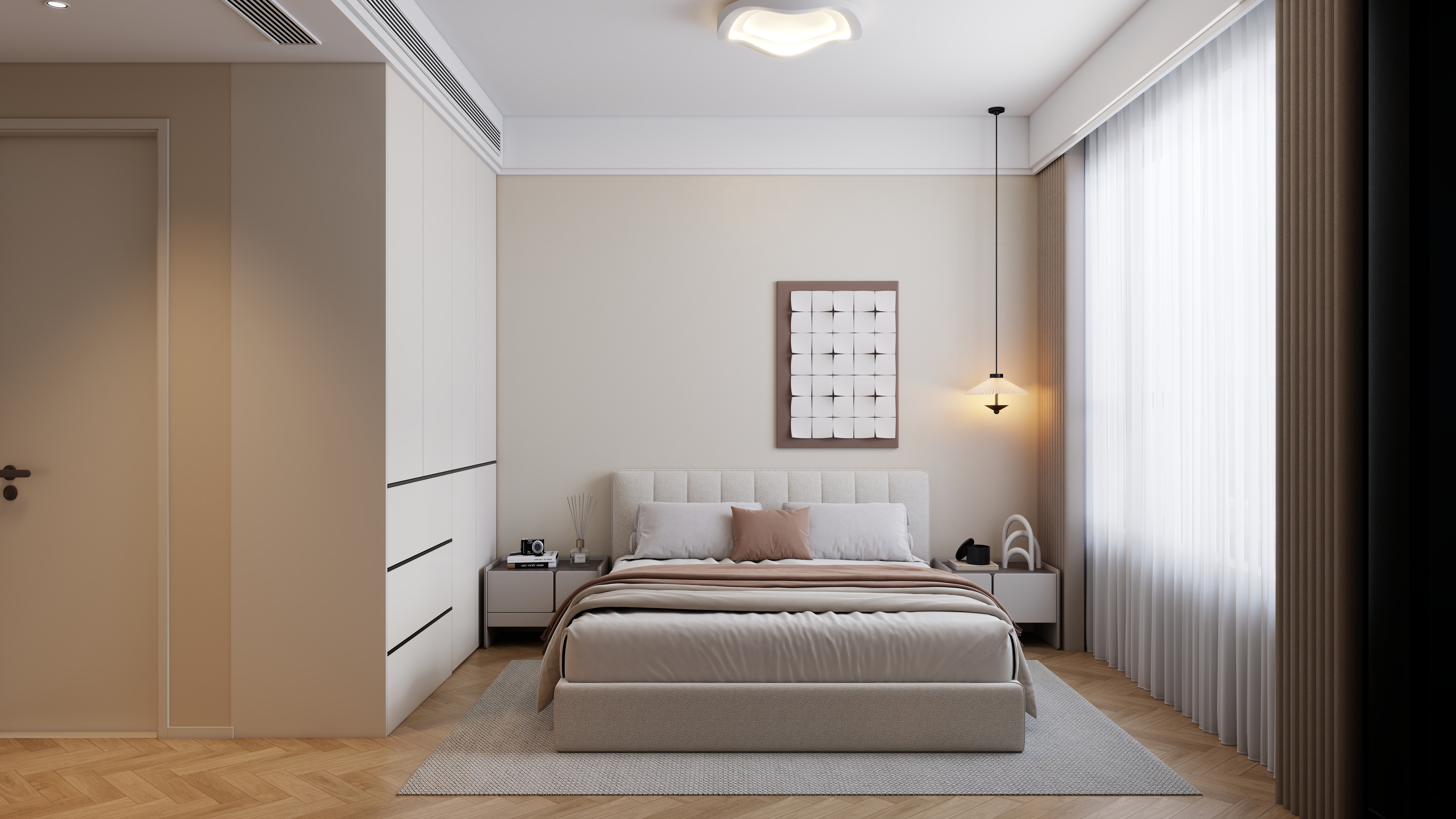 A-昭阳-现代奶油风一层次卧装修效果图第2张