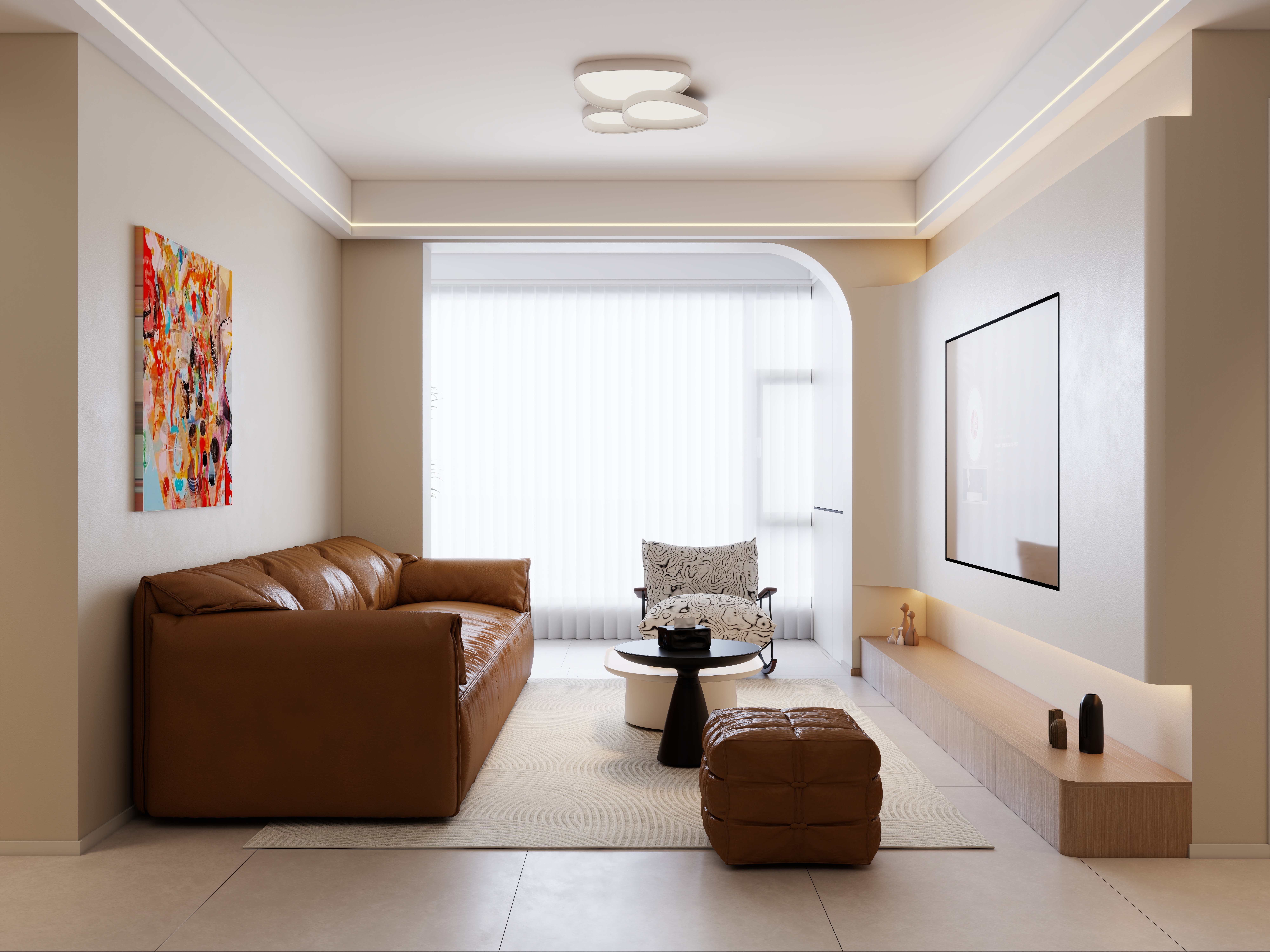 A-昭阳-现代奶油风一层客餐厅装修效果图第1张