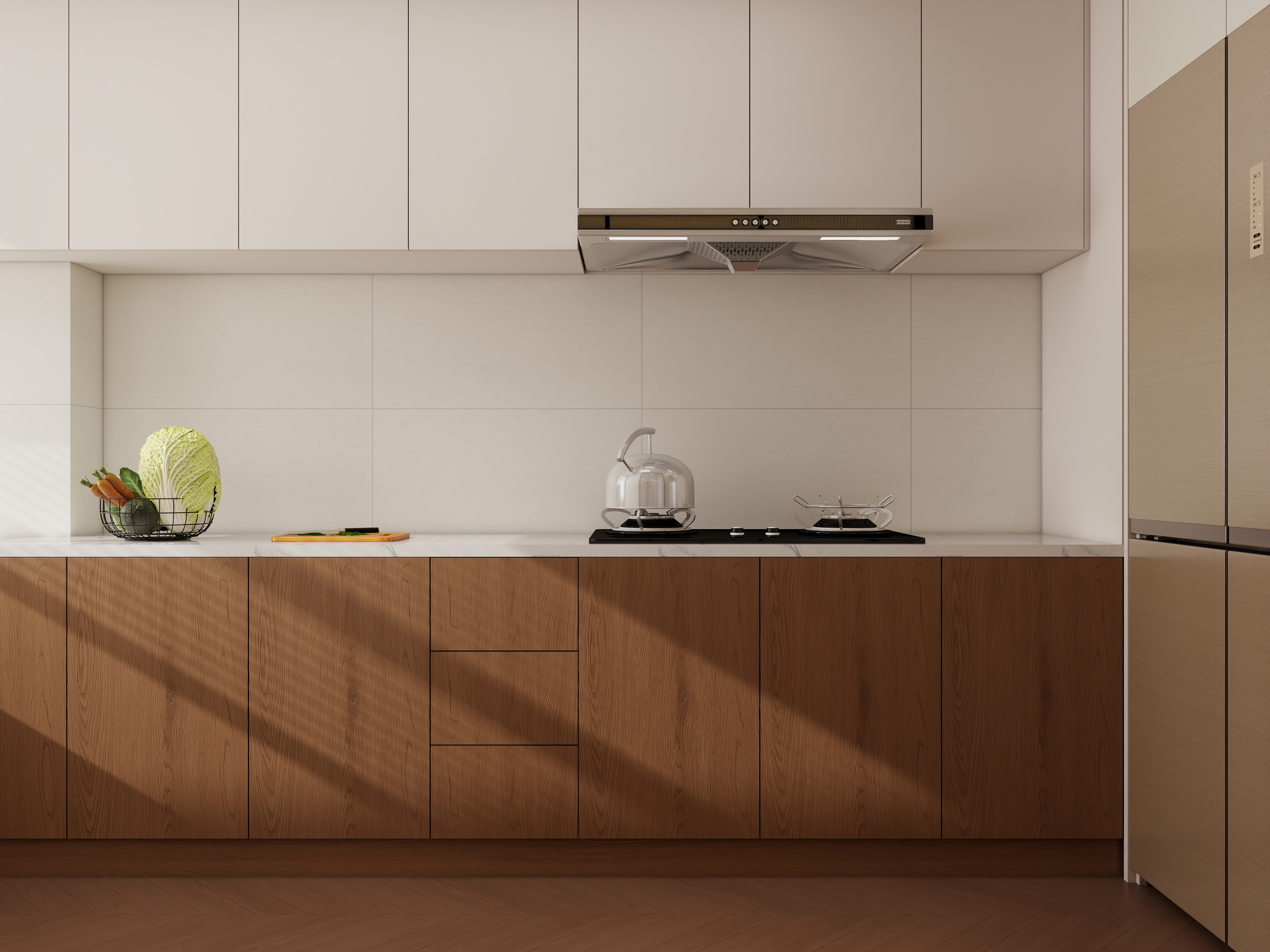 庄育霖-清水河畔102平奶油原木风3室装修效果图