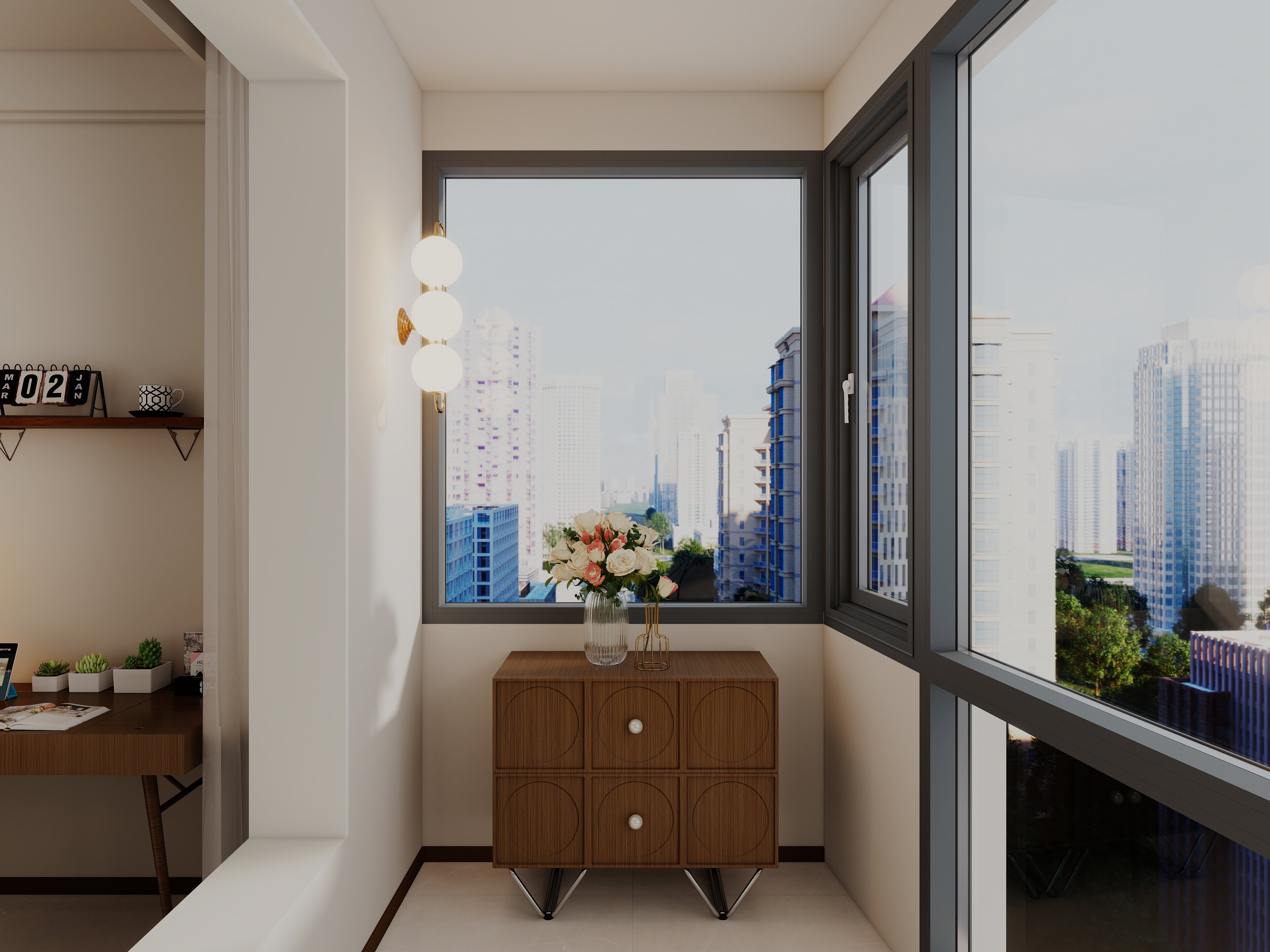 艺雅丽-99平中古奶油风 一层阳台装修效果图第1张