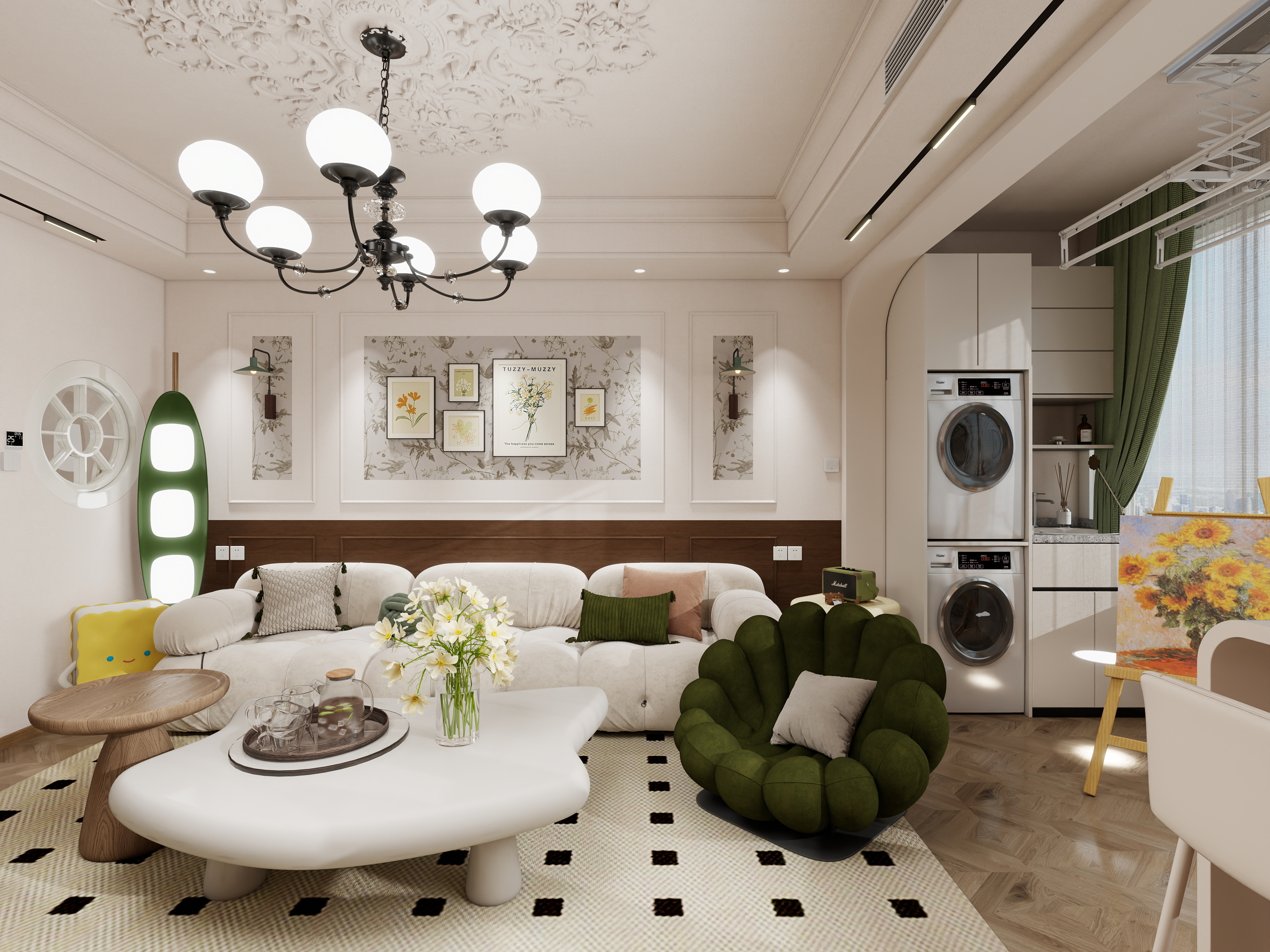 栖寐-【奶油混搭】三室两厅100㎡装修效果图