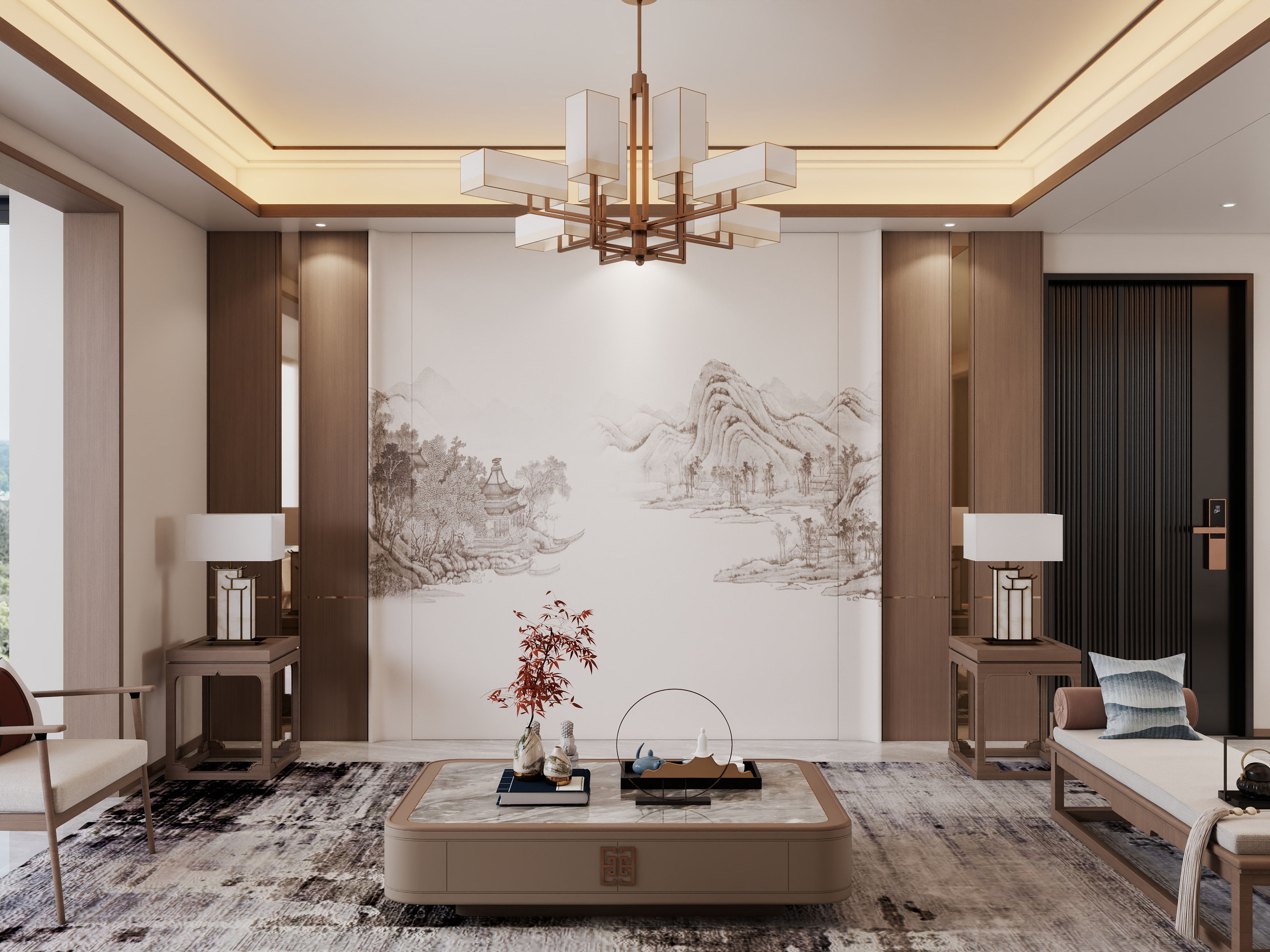 吴爽-121方新中式风格三居室装修效果图