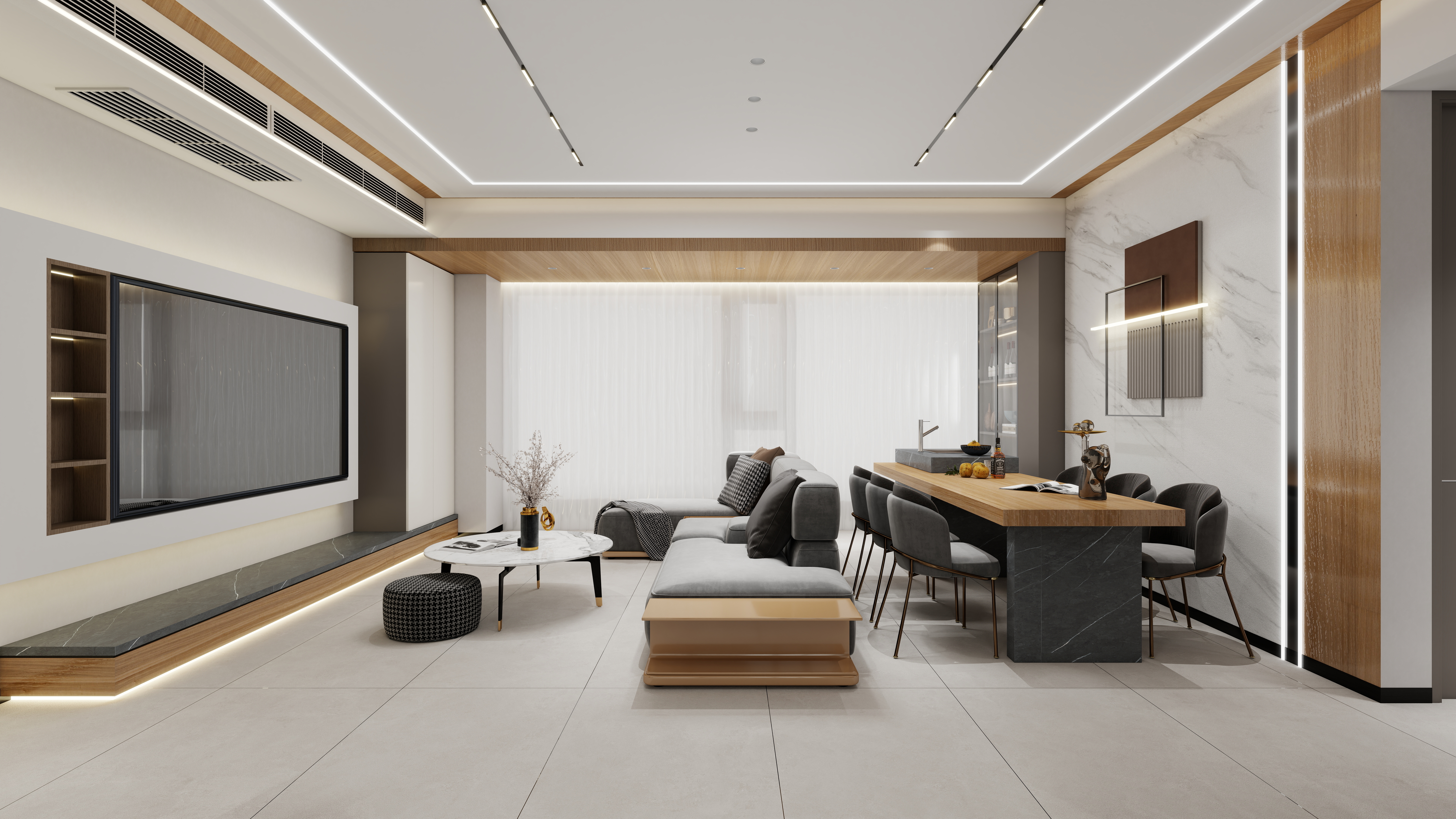 神马云在线-现代复古112平四房一层客餐厅装修效果图第1张