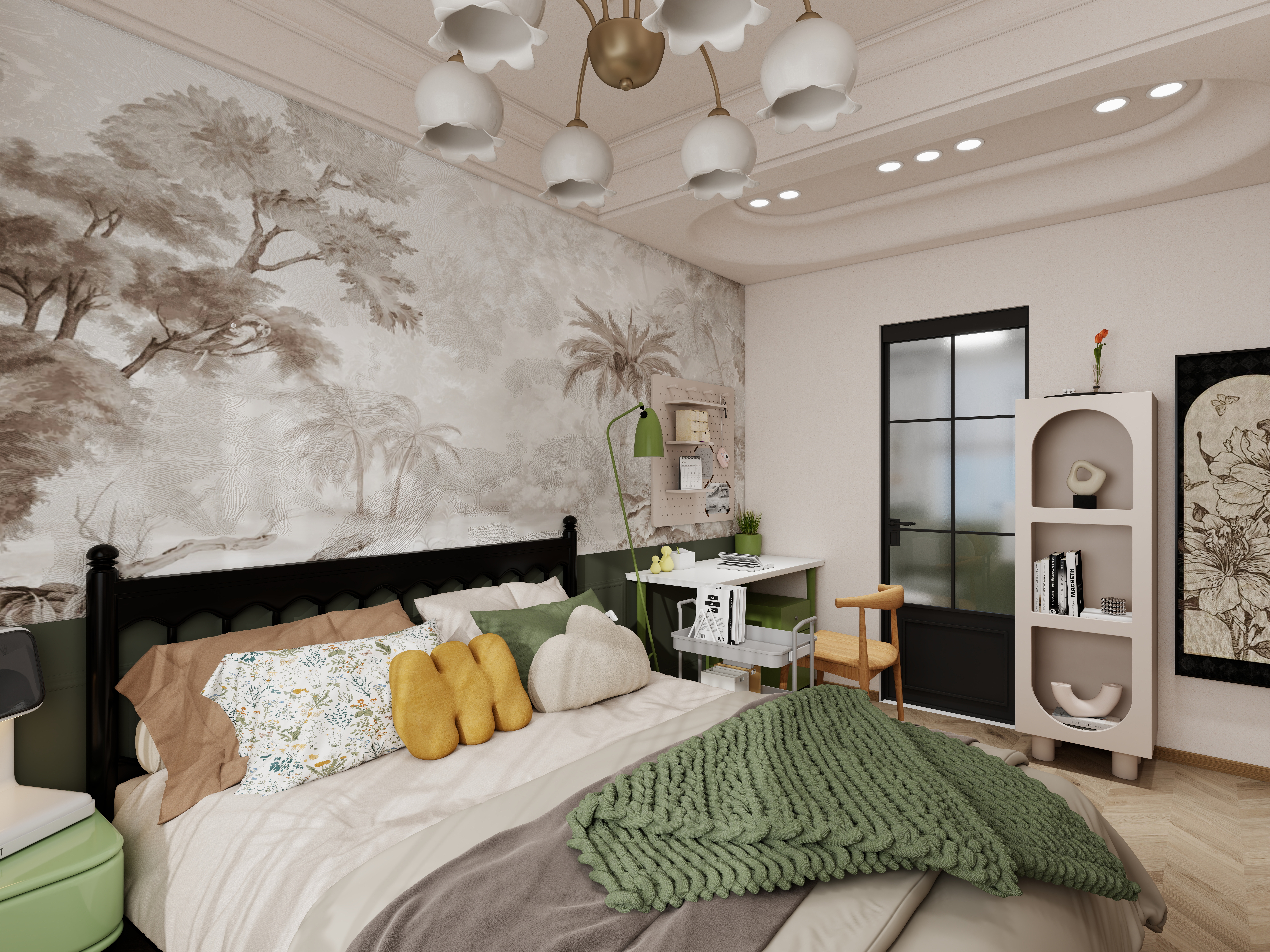 栖寐-【春意盎然】三室两厅 100㎡ 一层主卧装修效果图第1张