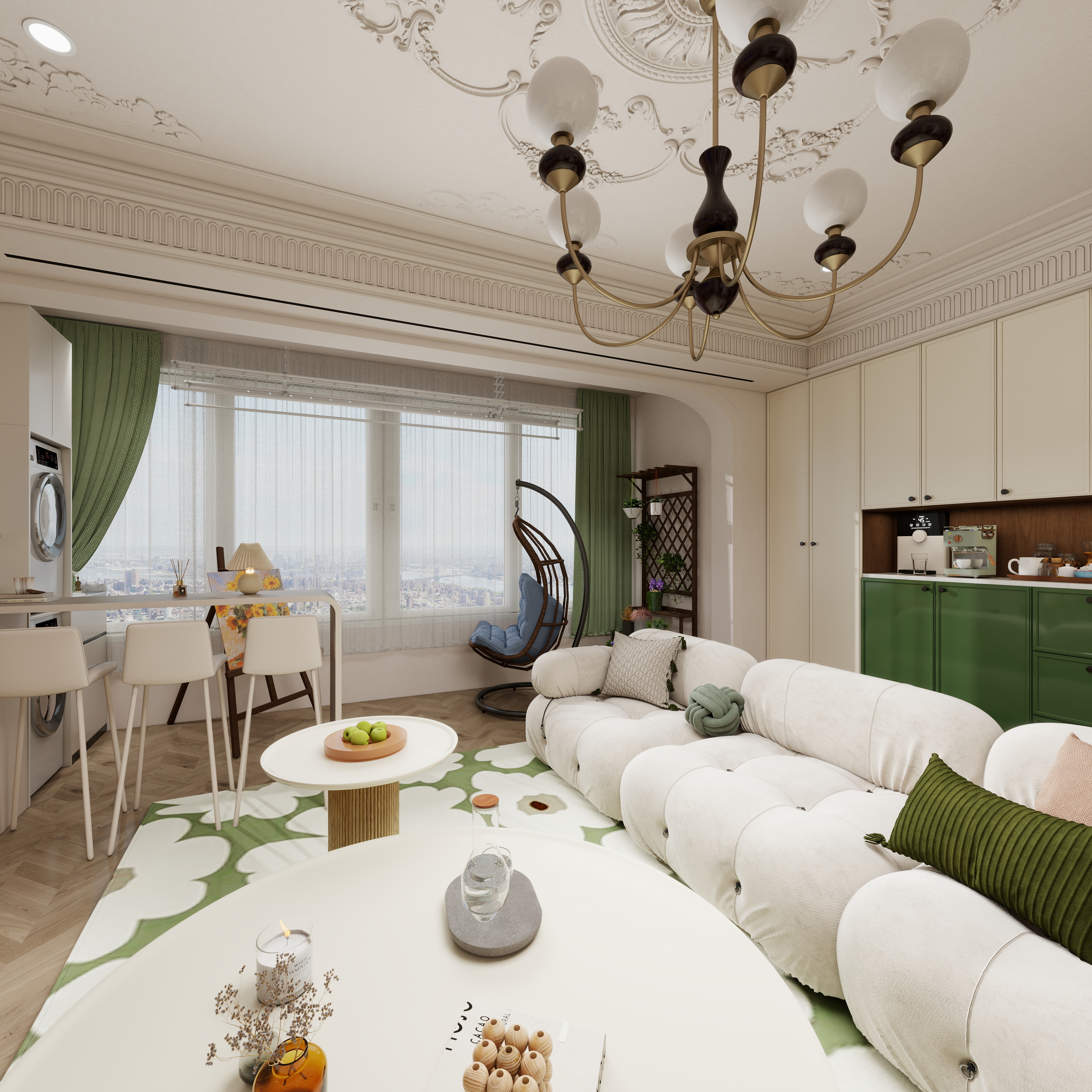 栖寐-【春意盎然】三室两厅 100㎡ 一层客餐厅装修效果图第3张