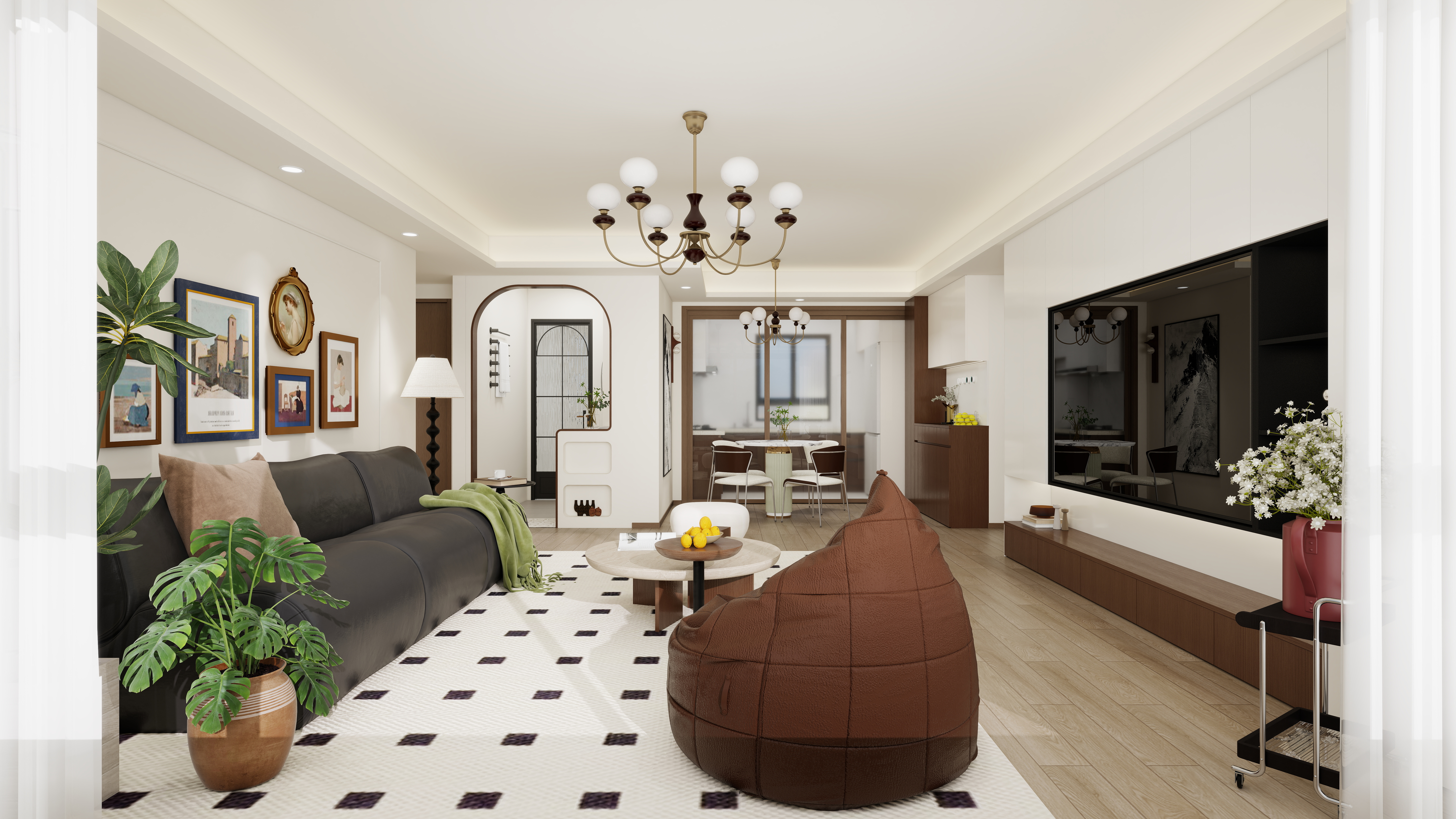 设计师言色-保利锦上 省钱!精装房3居室改中古风一层客餐厅装修效果图第3张