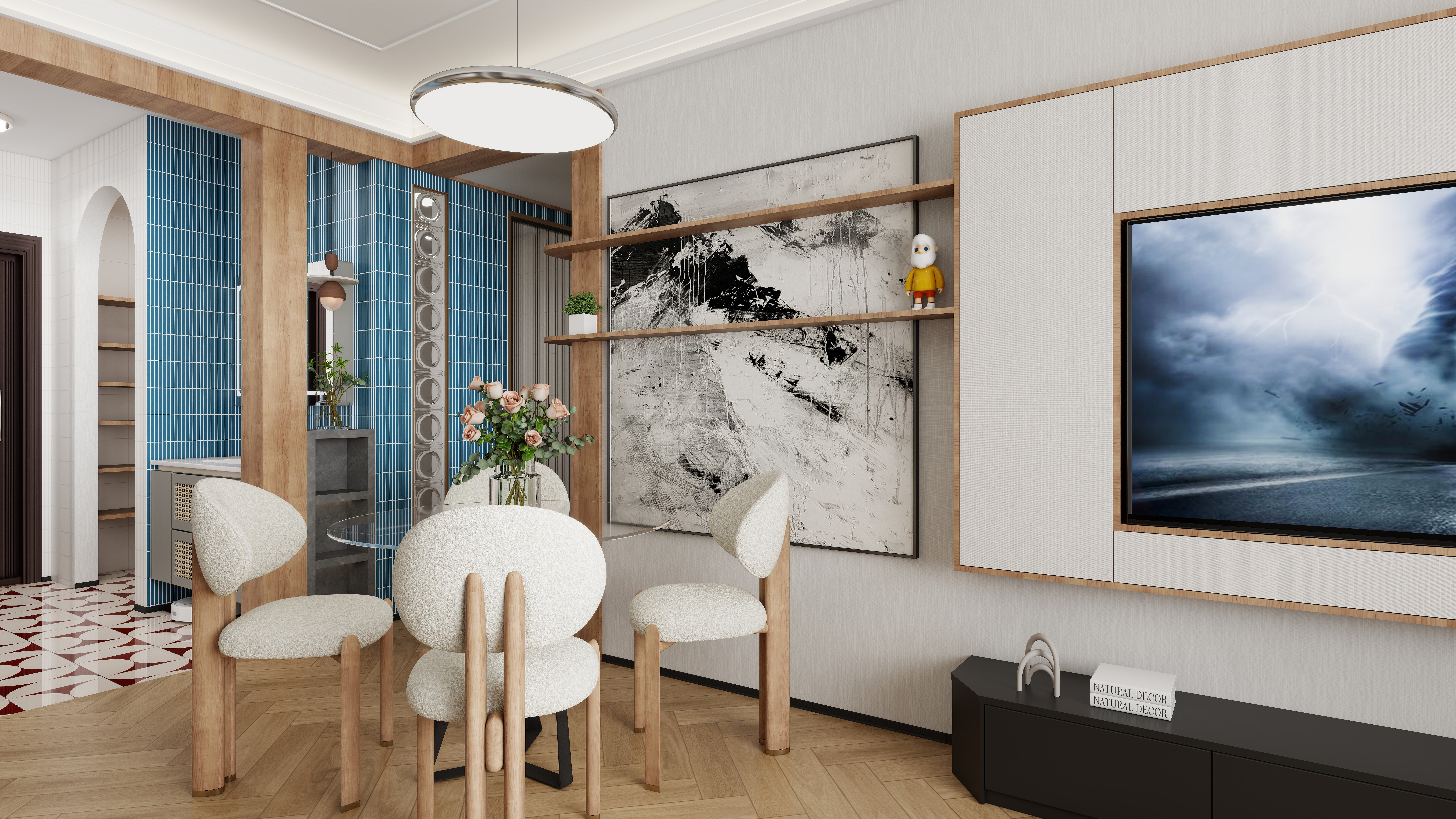 设计师言色-复古波普风混搭,67平米两室改三室舒适化改造一层客餐厅装修效果图第3张