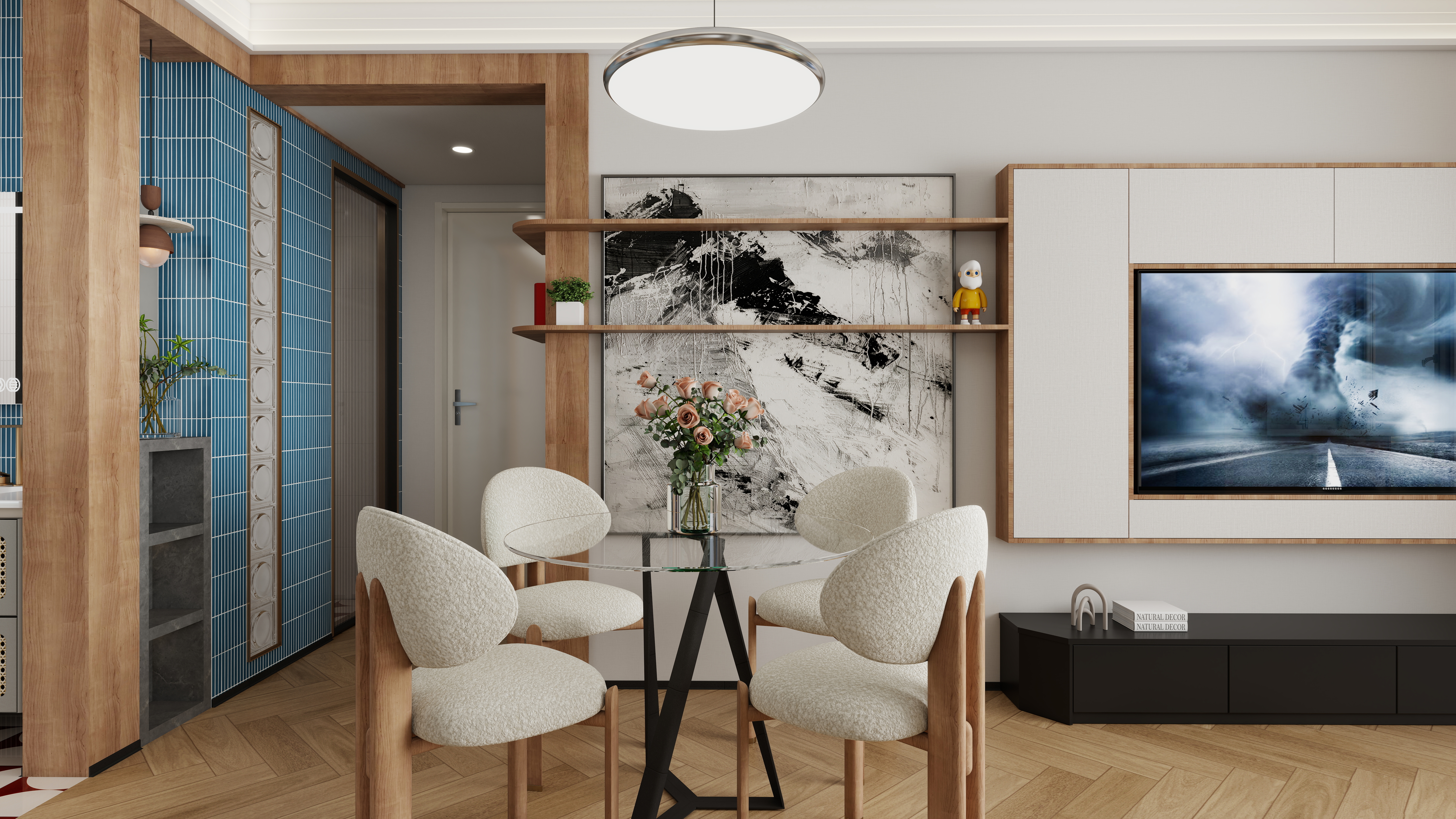 设计师言色-复古波普风混搭,67平米两室改三室舒适化改造一层客餐厅装修效果图第1张