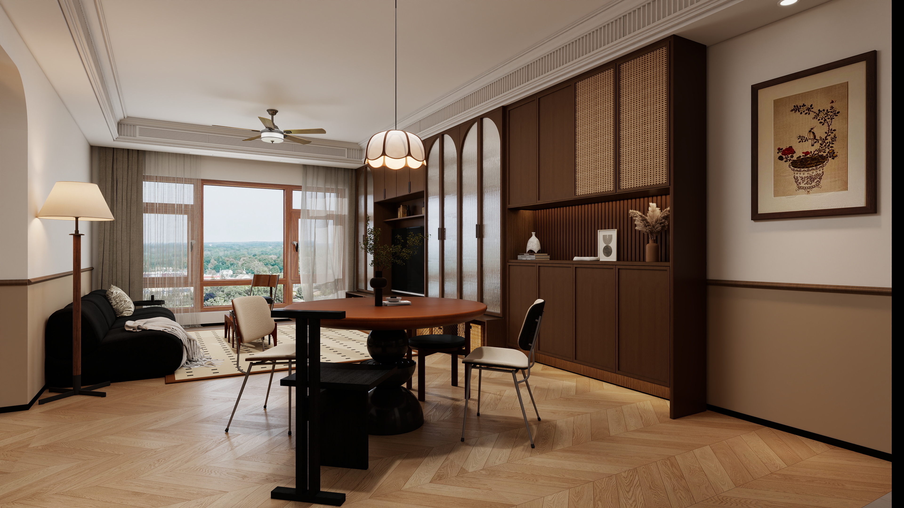 大金空调官方-32 平方胡桃金韵客厅：中古风里的舒适「隐」力 -装修设计方案