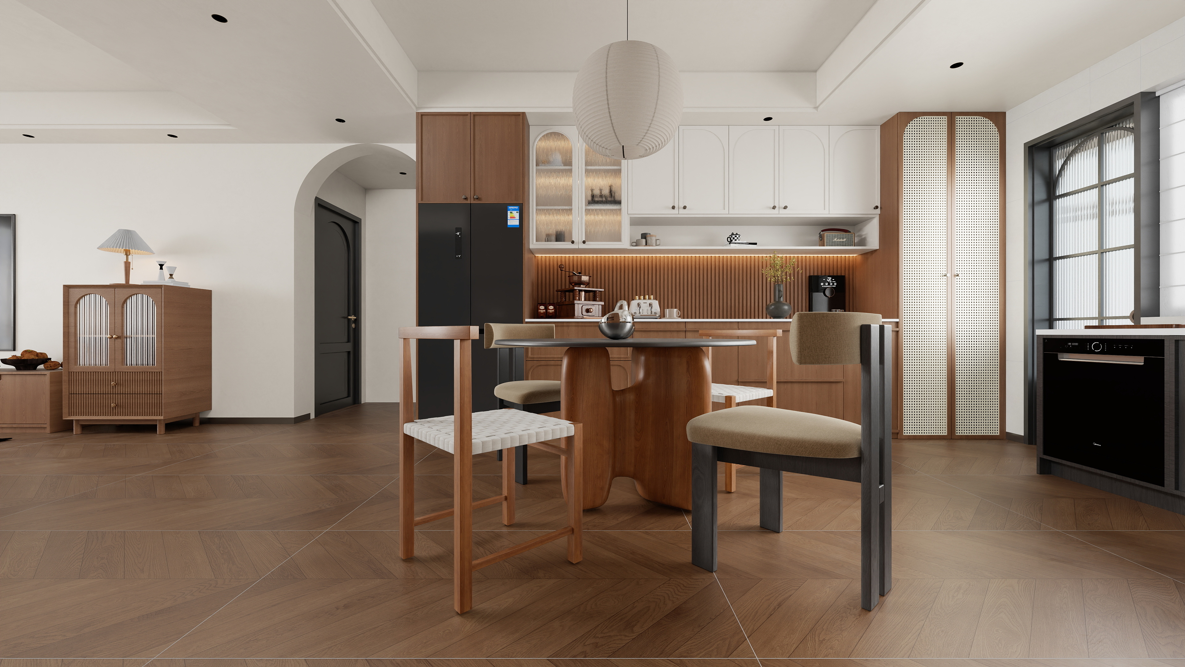 至简名设-文稳康-《东方一号》125平胡桃中古|三居室装修效果图