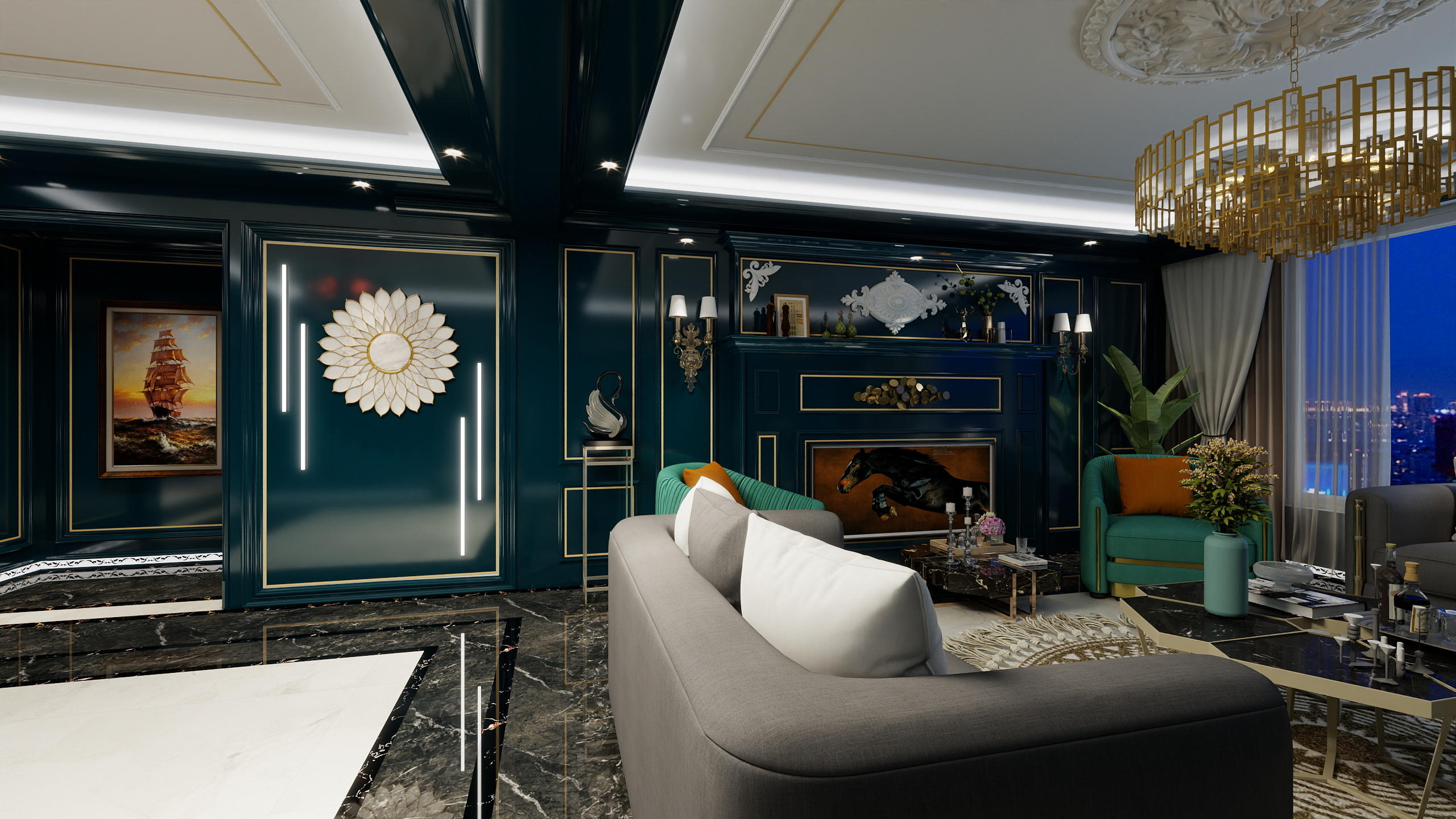 清歡*凌-164㎡美式客餐厅-装修设计方案