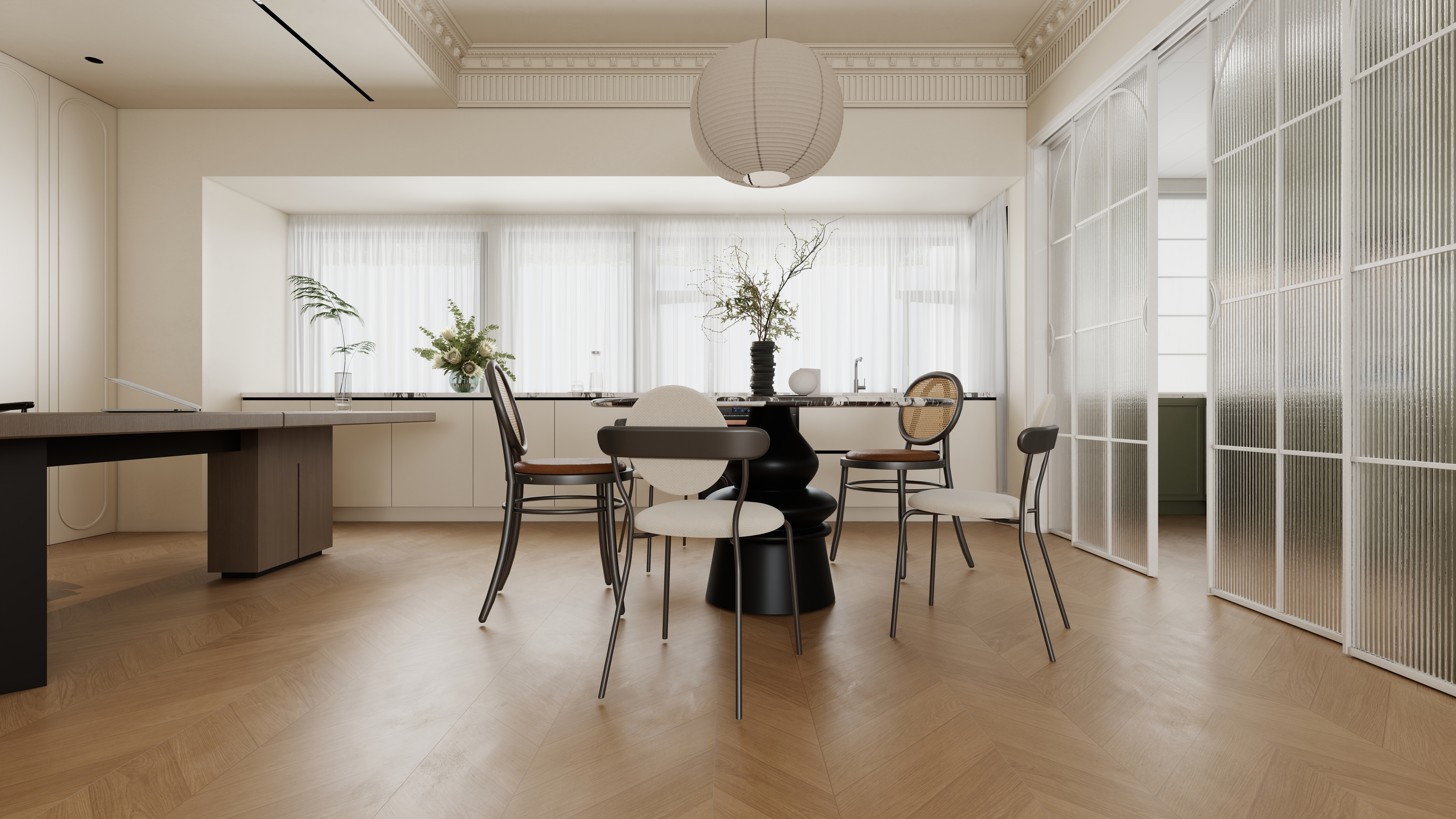 至简名设-文稳康-《锦官府》126平法式奶油|三居室一层客餐厅装修效果图第3张