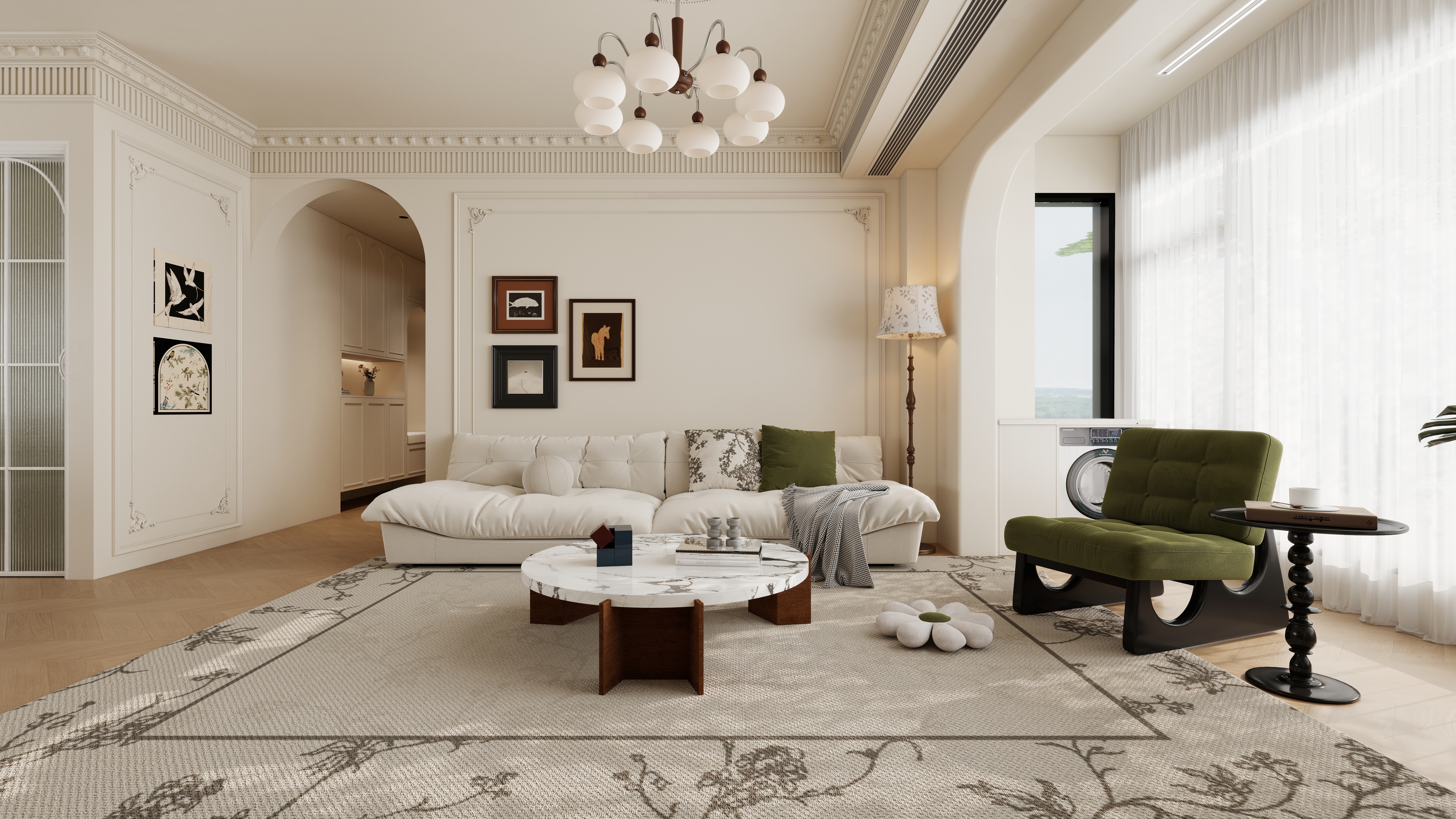 至简名设-文稳康-《锦官府》126平法式奶油|三居室一层客餐厅装修效果图第1张