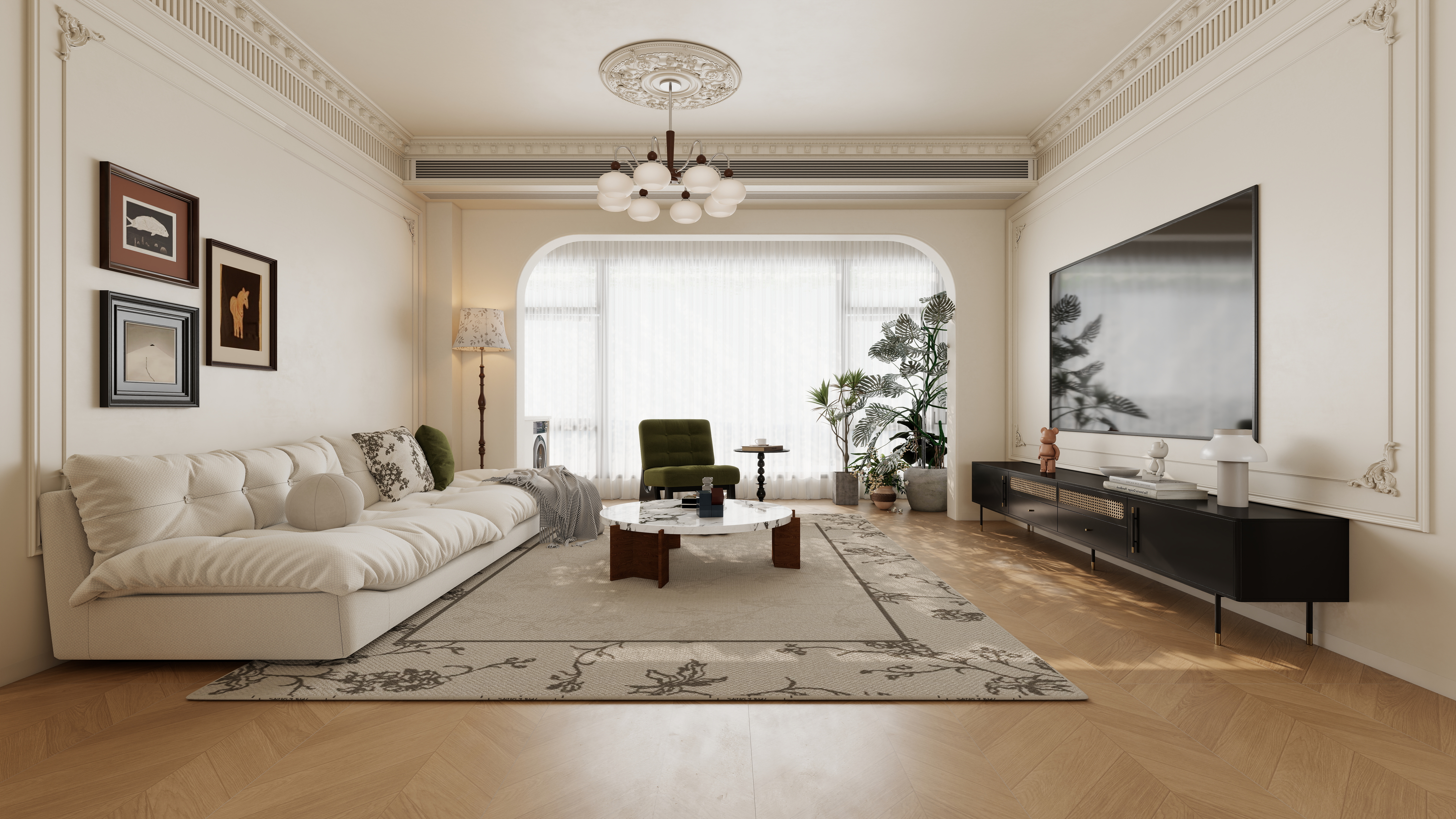 至简名设-文稳康-《锦官府》126平法式奶油|三居室一层客餐厅装修效果图第5张