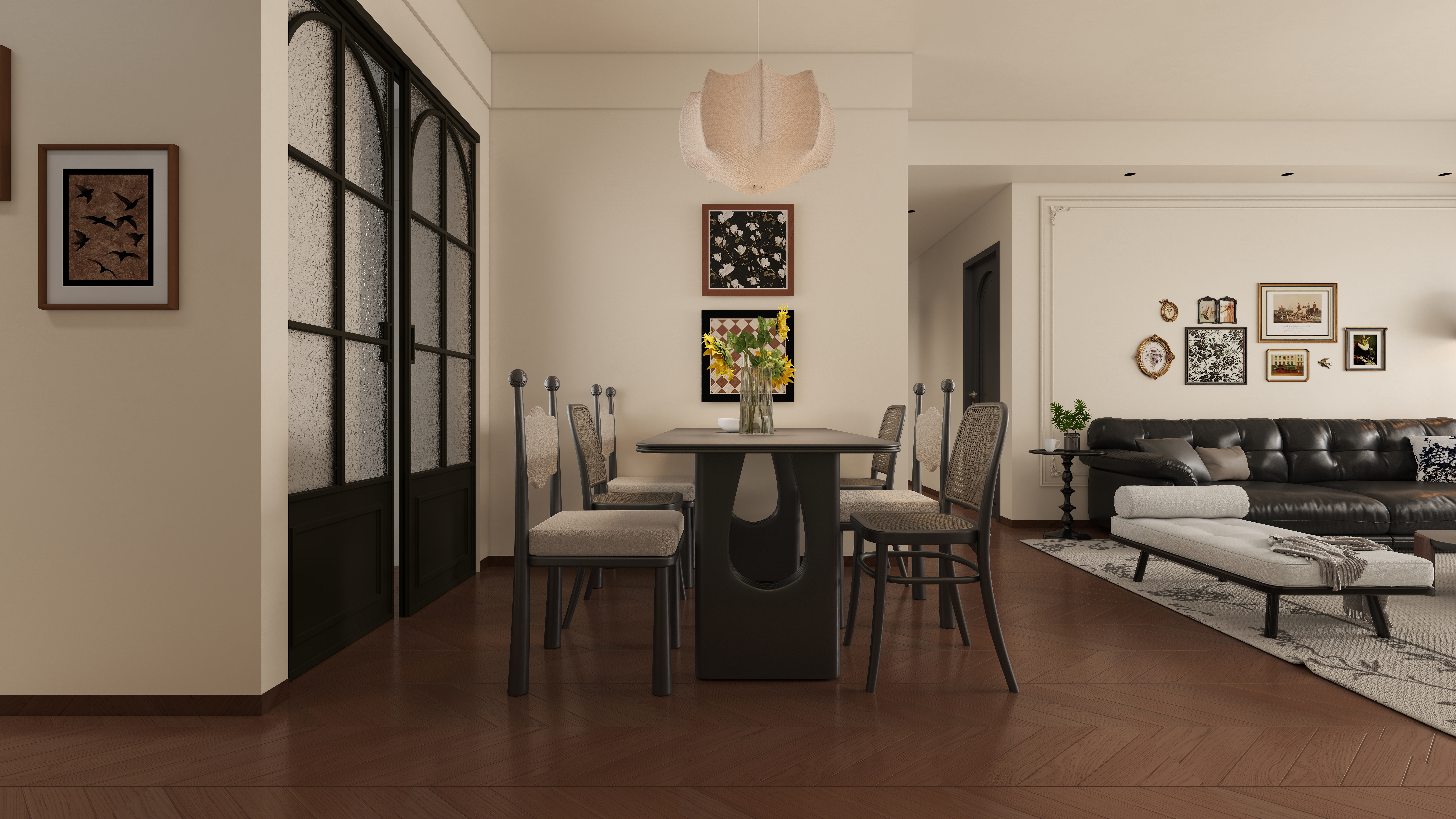 至简名设-文稳康-《仁怀》129平法式中古|四居室一层客餐厅装修效果图第4张