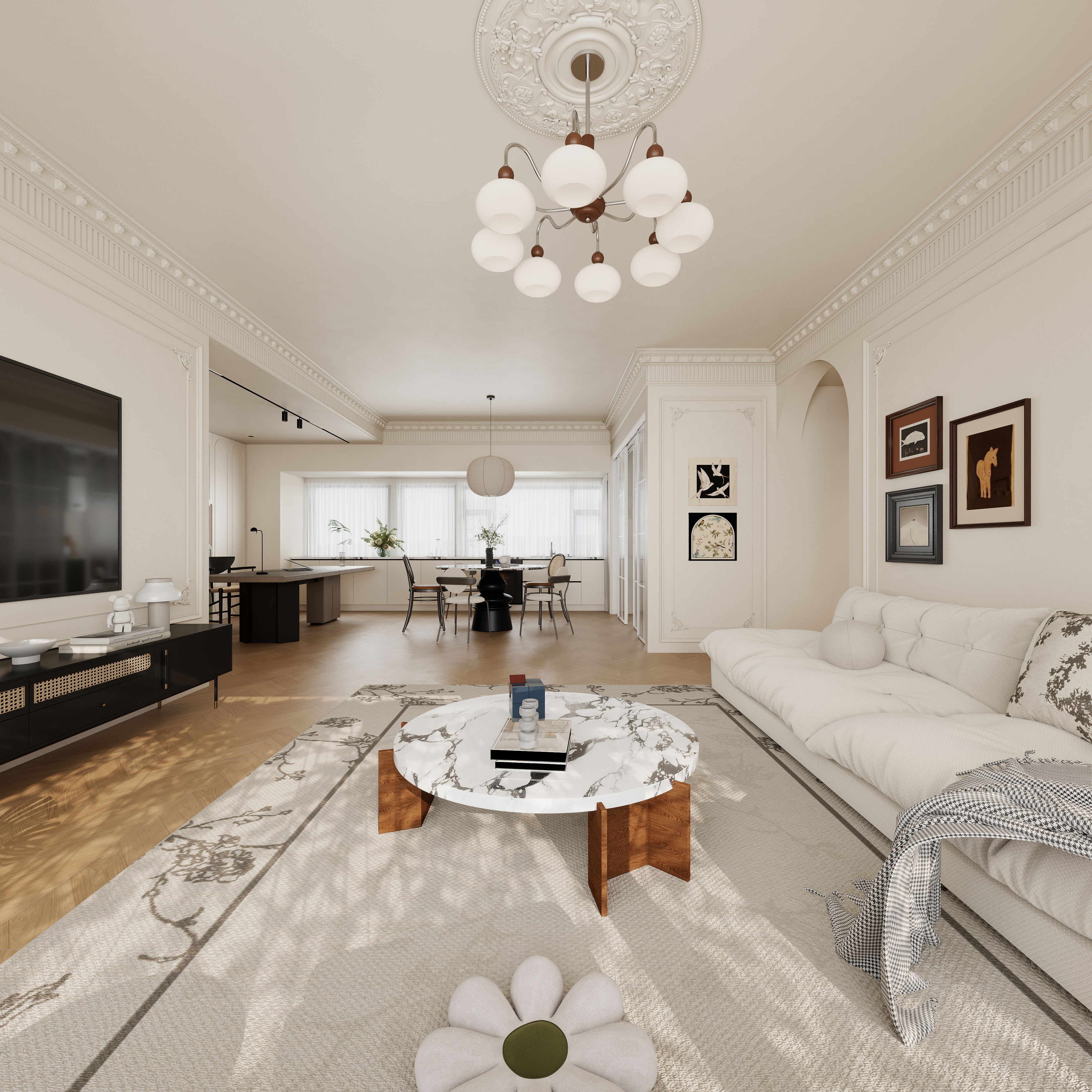 至简名设-文稳康-《锦官府》126平法式奶油|三居室一层客餐厅装修效果图第3张