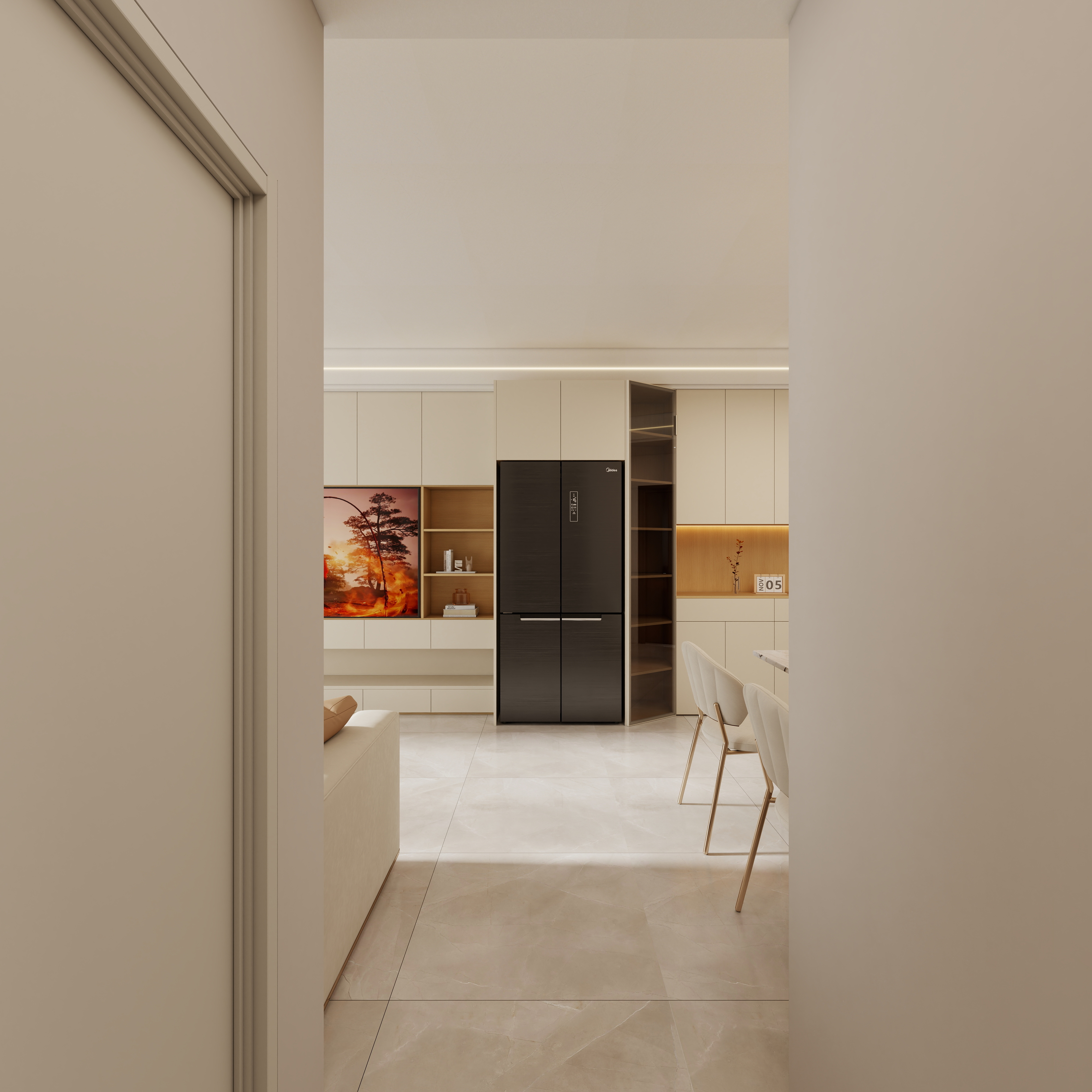 壹诺设计工作室-86㎡3室-奶油风 一层客餐厅装修效果图第5张