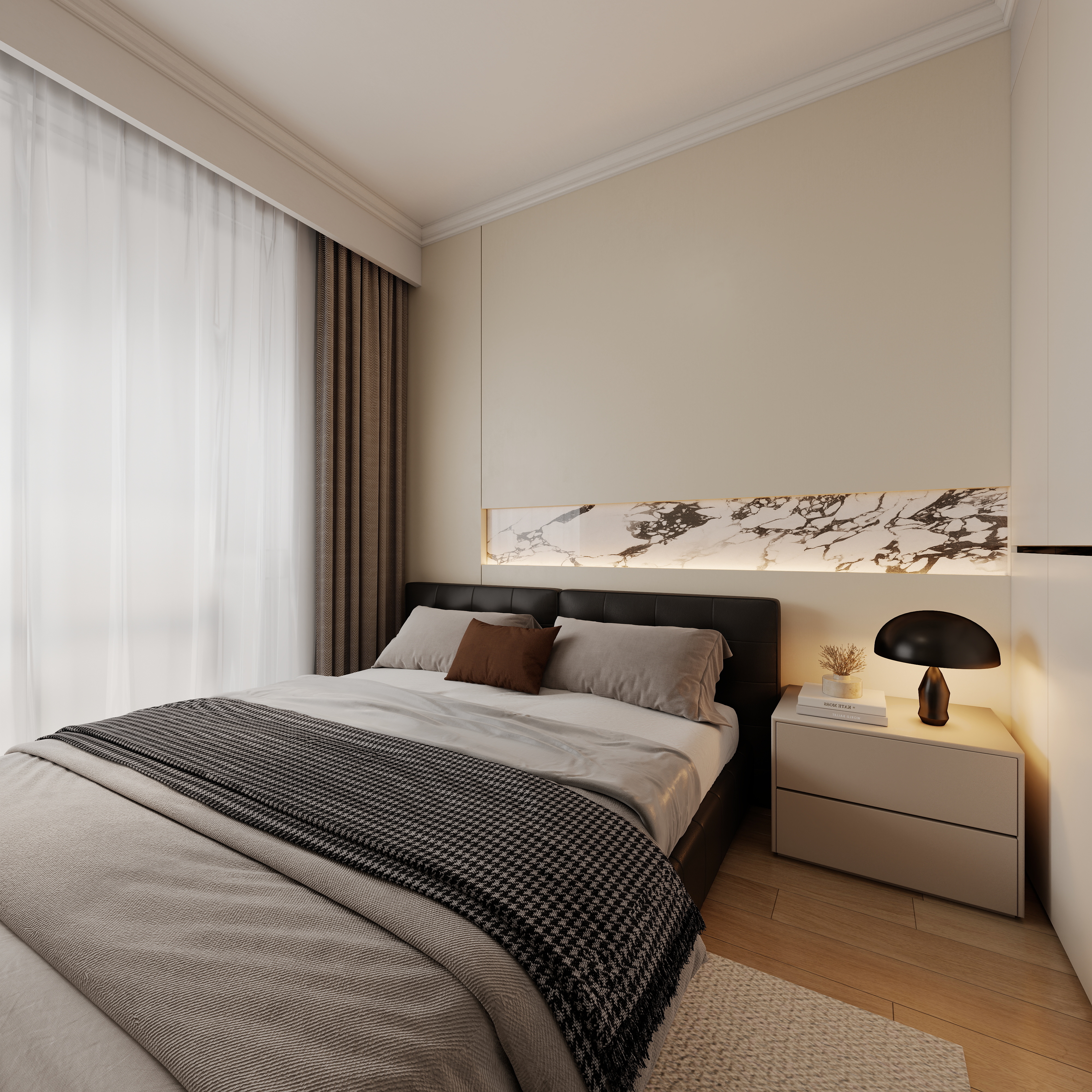 至简名设-文稳康-《联投》105平现代简约|三居室一层次卧装修效果图第3张