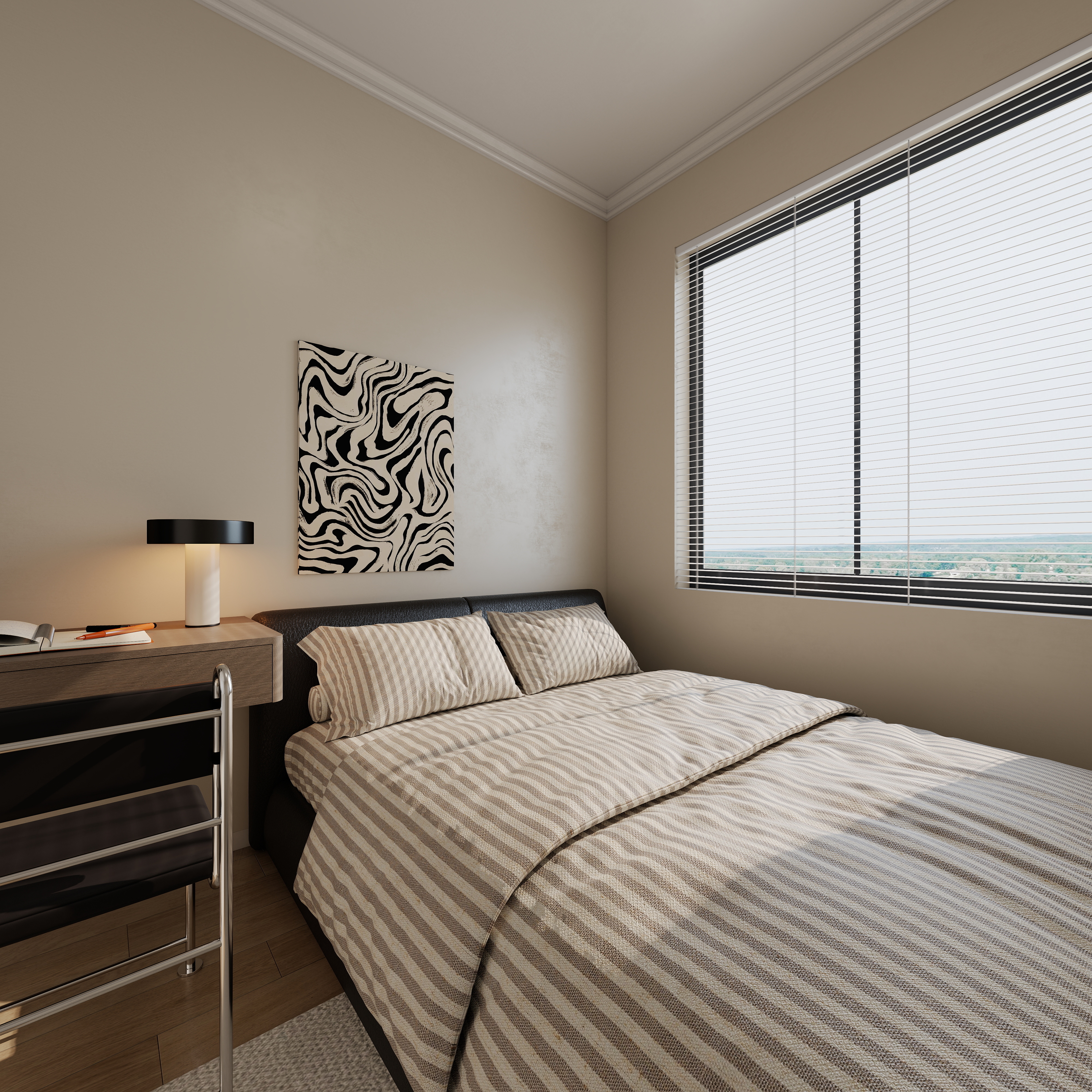 至简名设-文稳康-《联投》105平现代简约|三居室一层次卧装修效果图第3张