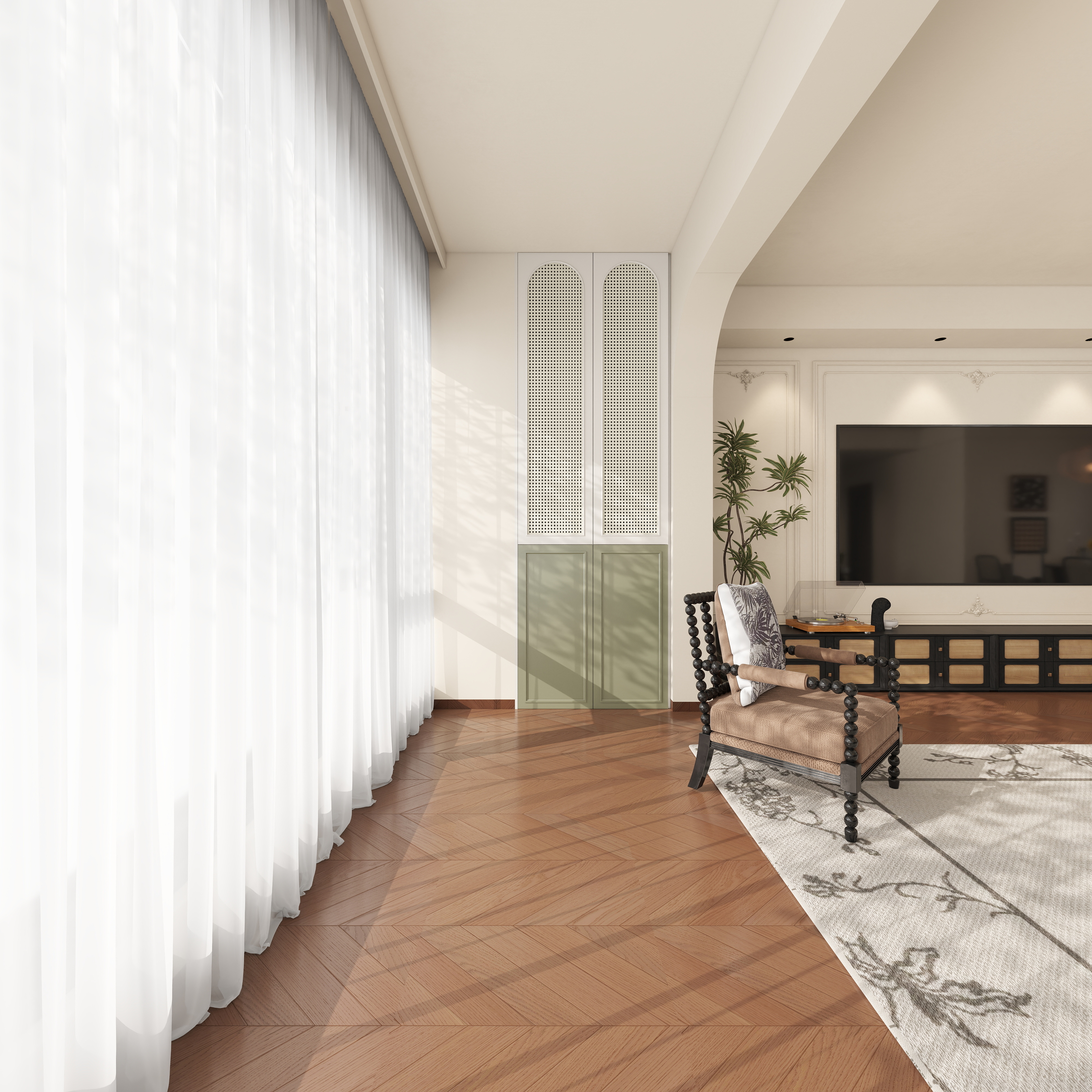 至简名设-文稳康-《仁怀》129平法式中古|四居室一层景观阳台装修效果图第3张