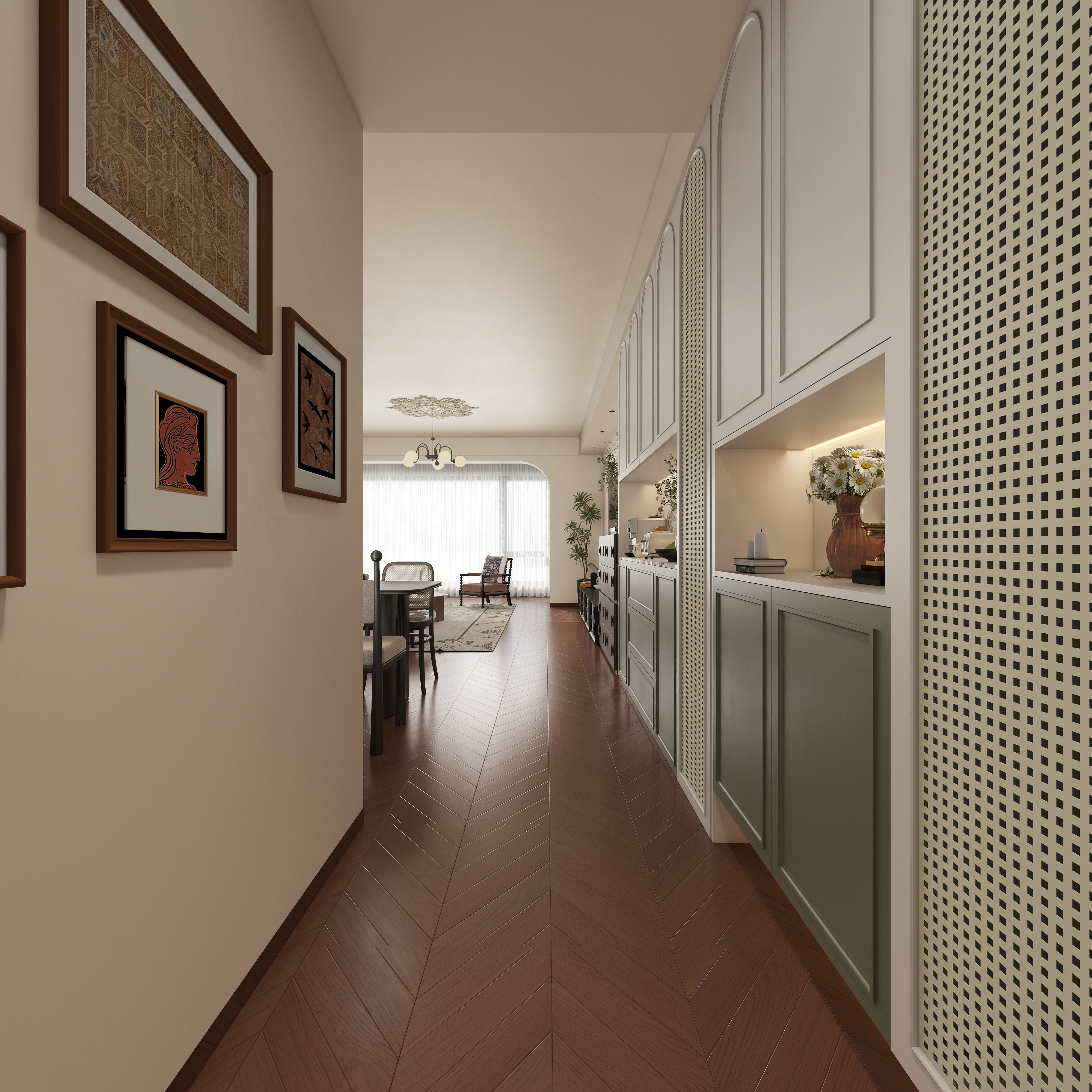 至简名设-文稳康-《仁怀》129平法式中古|四居室一层客餐厅装修效果图第5张