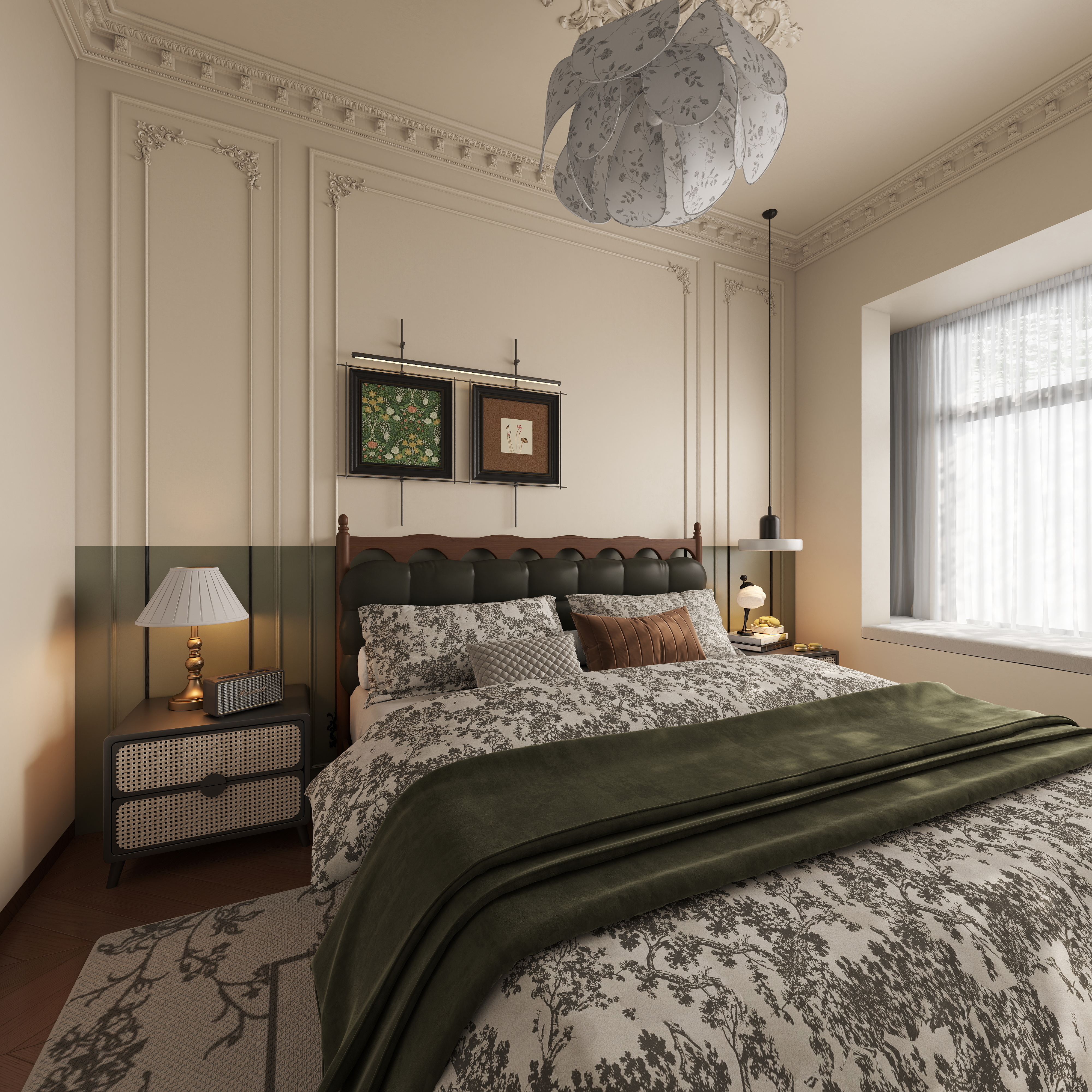 至简名设-文稳康-《仁怀》129平法式中古|四居室一层主卧装修效果图第3张