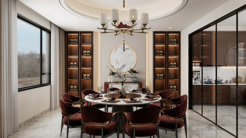 孙有权-『2025-11』55平丨新中式自建房餐厅+厨房装修效果图