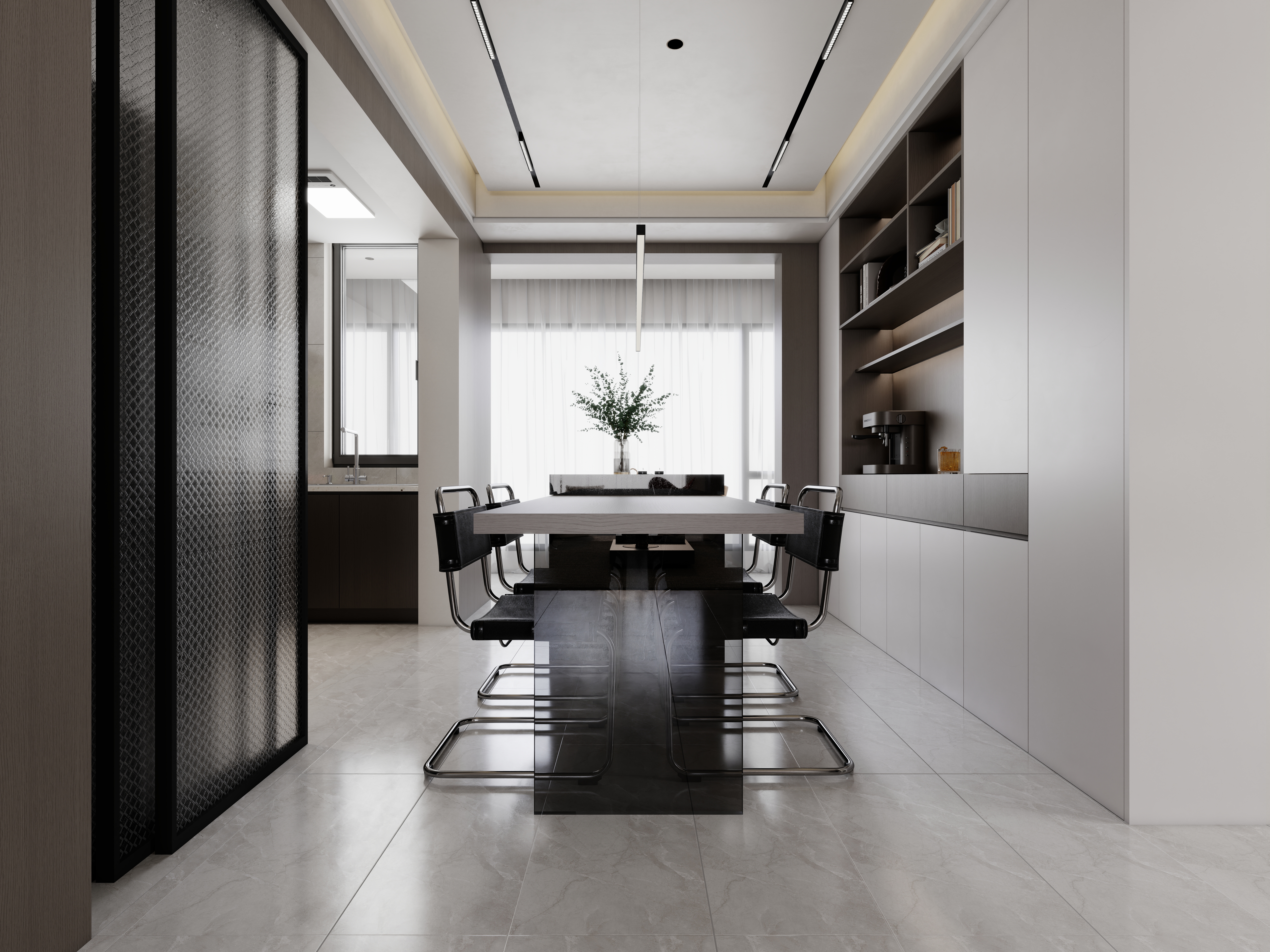 至简名设-文稳康-《盟城学府》123平黑白现代|三居室一层客餐厅装修效果图第3张