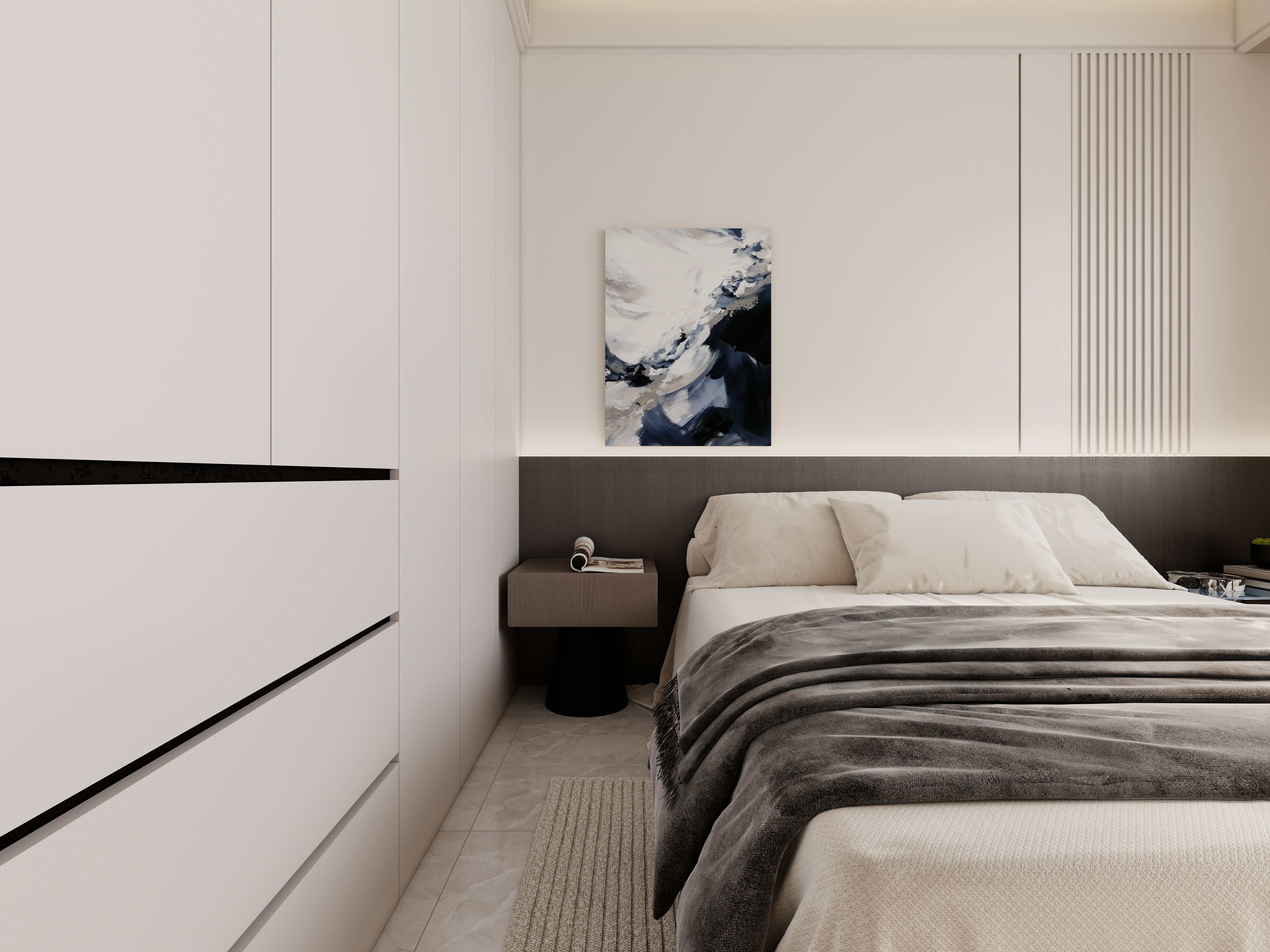 至简名设-文稳康-《盟城学府》123平黑白现代|三居室一层主卧装修效果图第2张