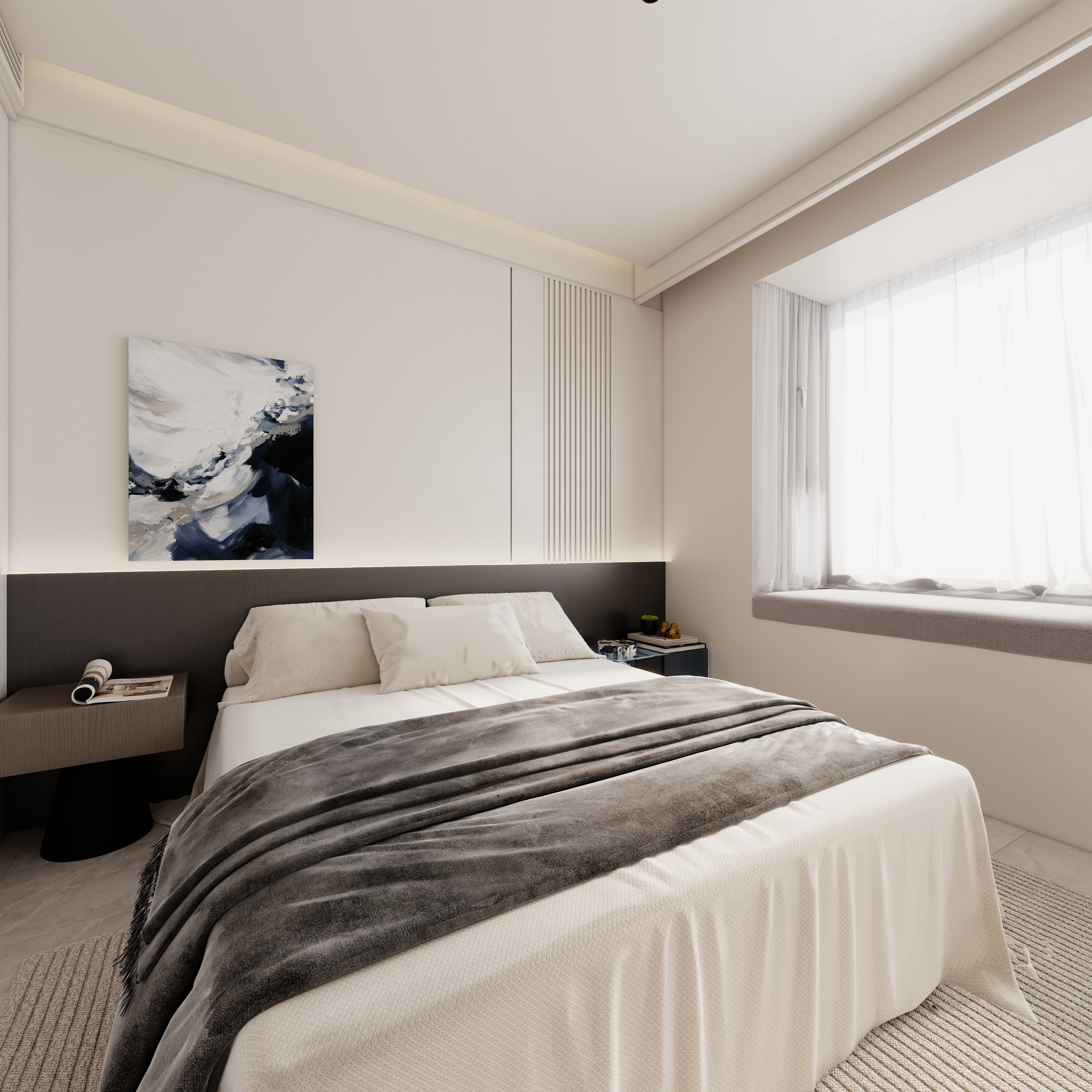 至简名设-文稳康-《盟城学府》123平黑白现代|三居室一层主卧装修效果图第3张