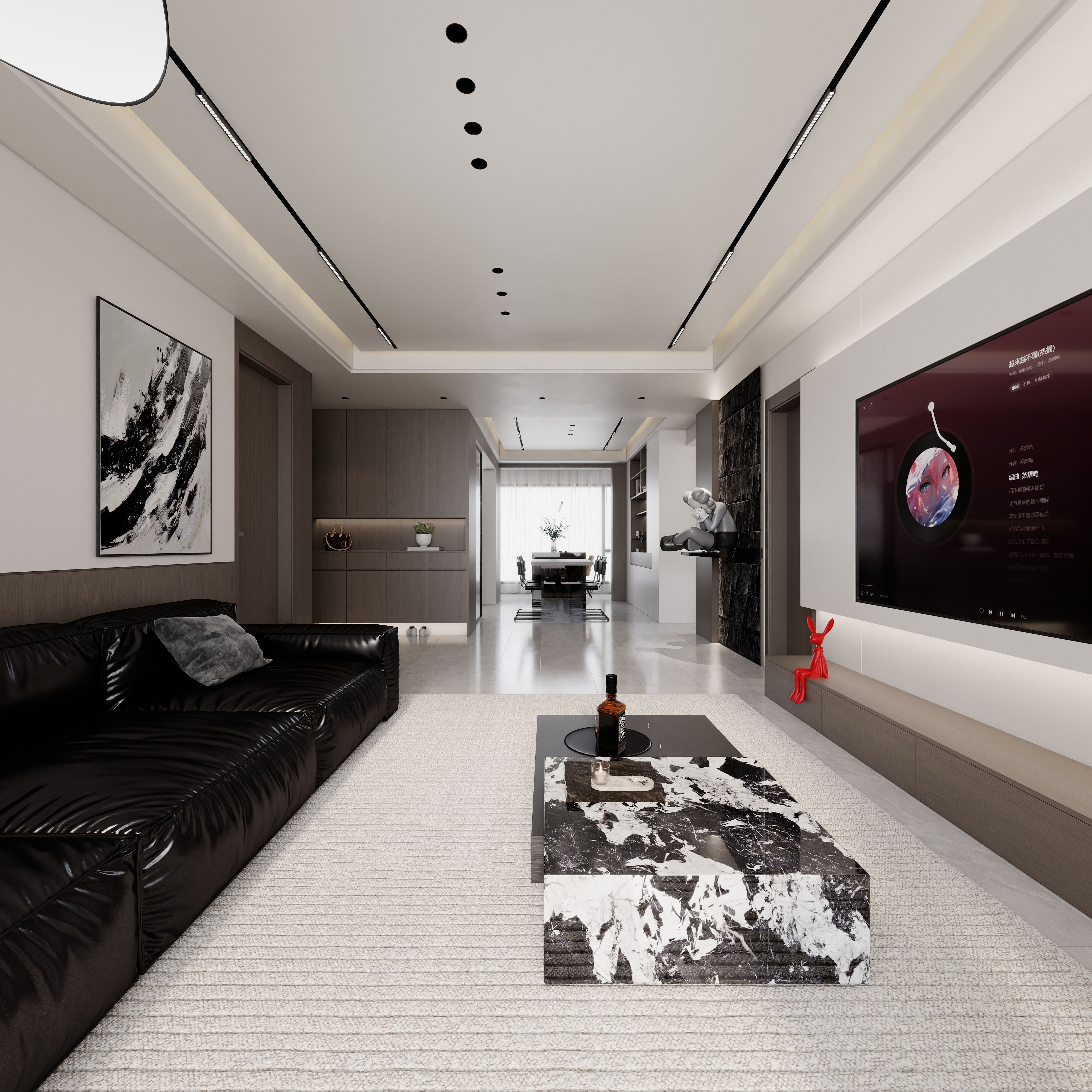 至简名设-文稳康-《盟城学府》123平黑白现代|三居室一层客餐厅装修效果图第5张