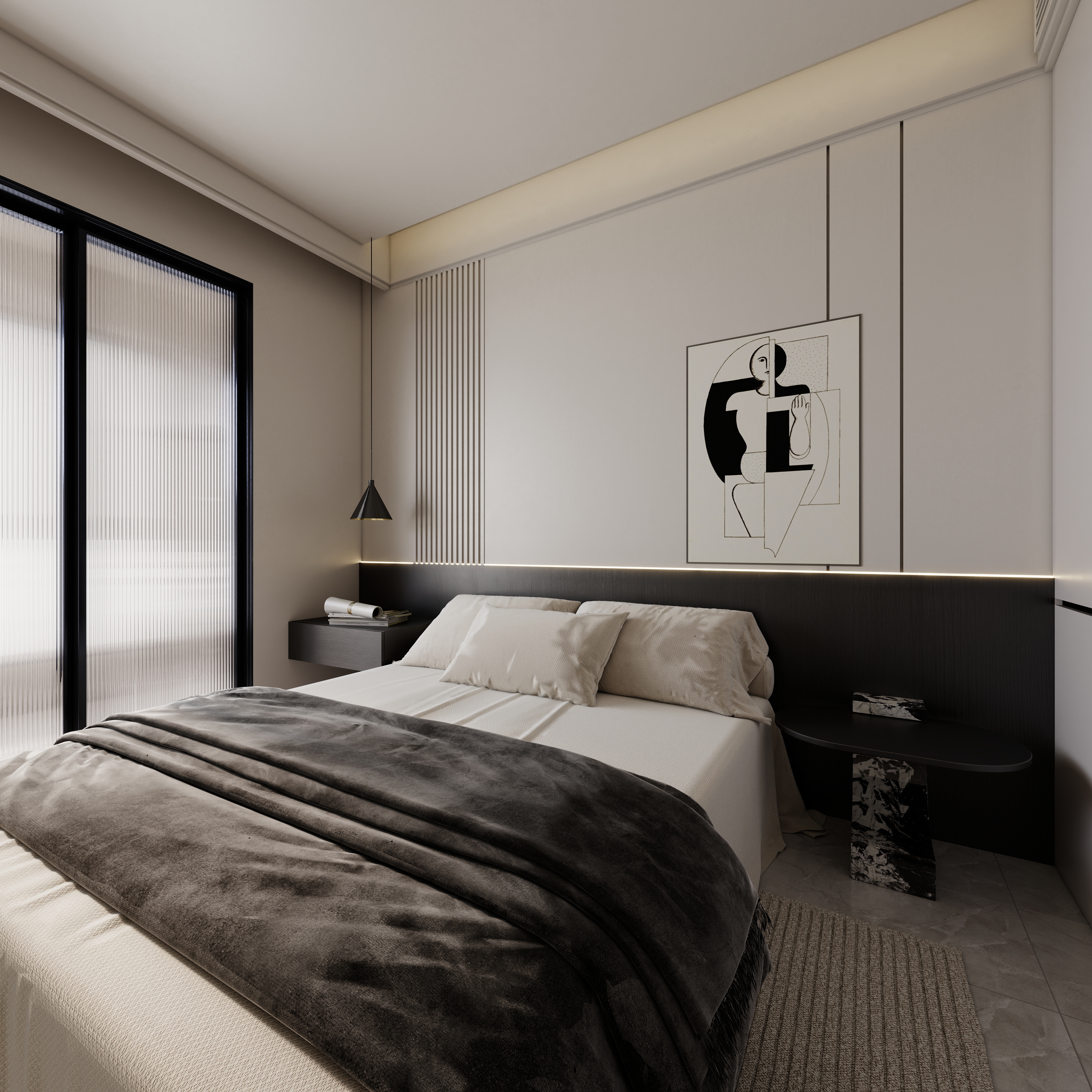 至简名设-文稳康-《盟城学府》123平黑白现代|三居室一层次卧2装修效果图第3张