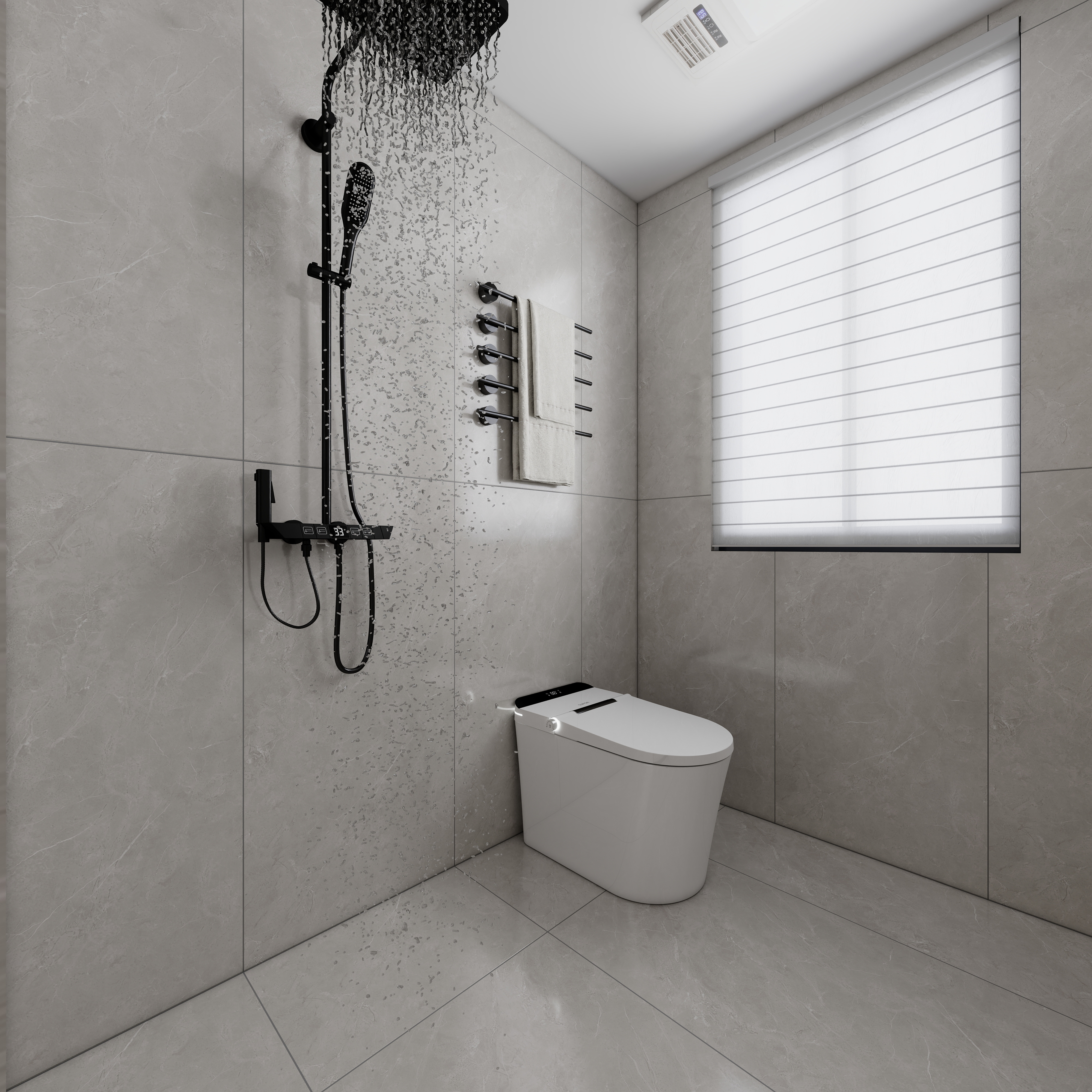 至简名设-文稳康-《盟城学府》123平黑白现代|三居室一层主卫装修效果图第3张