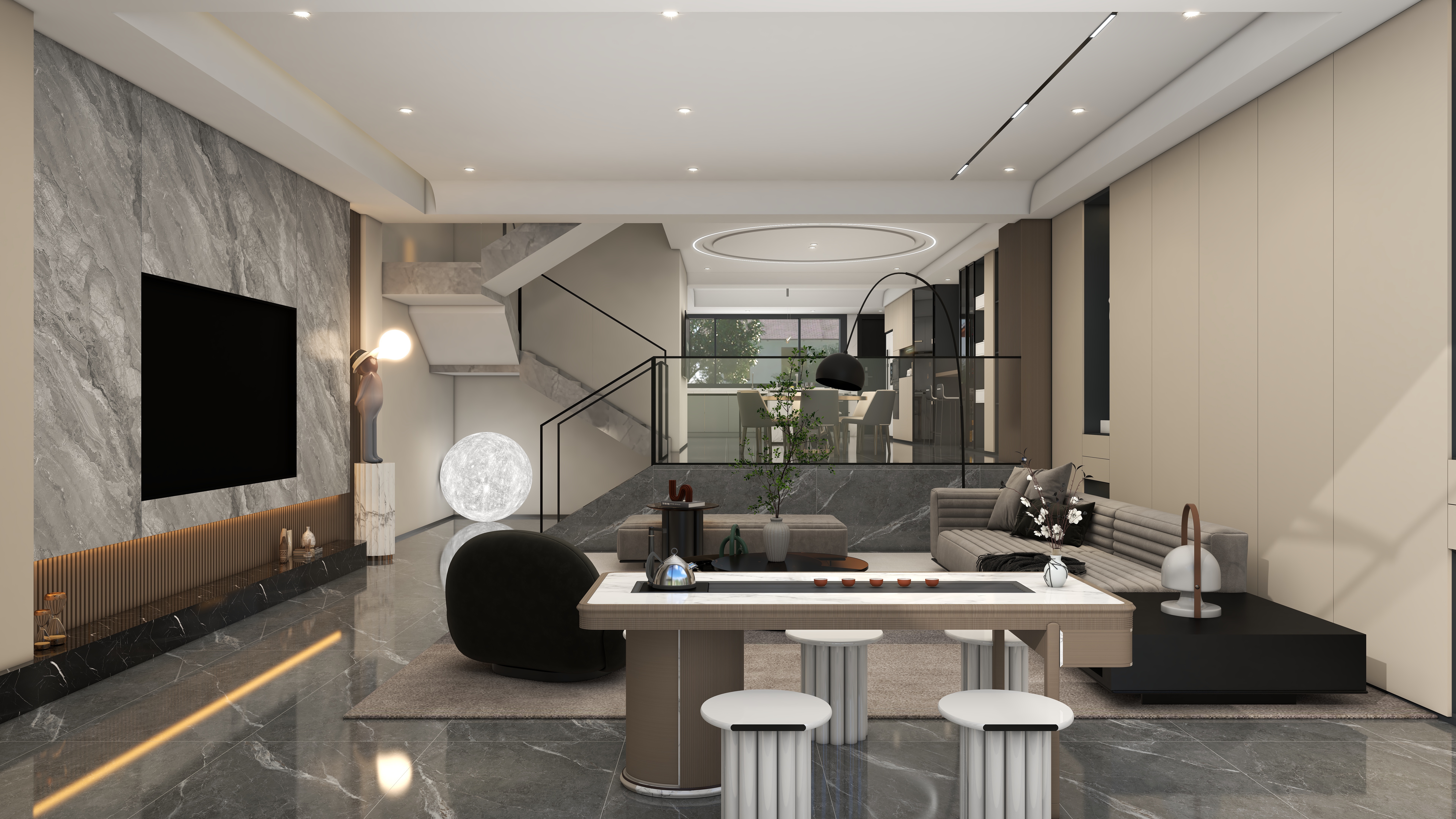 星空设计desgin-417㎡现代轻奢四层别墅一层客餐厅装修效果图第2张