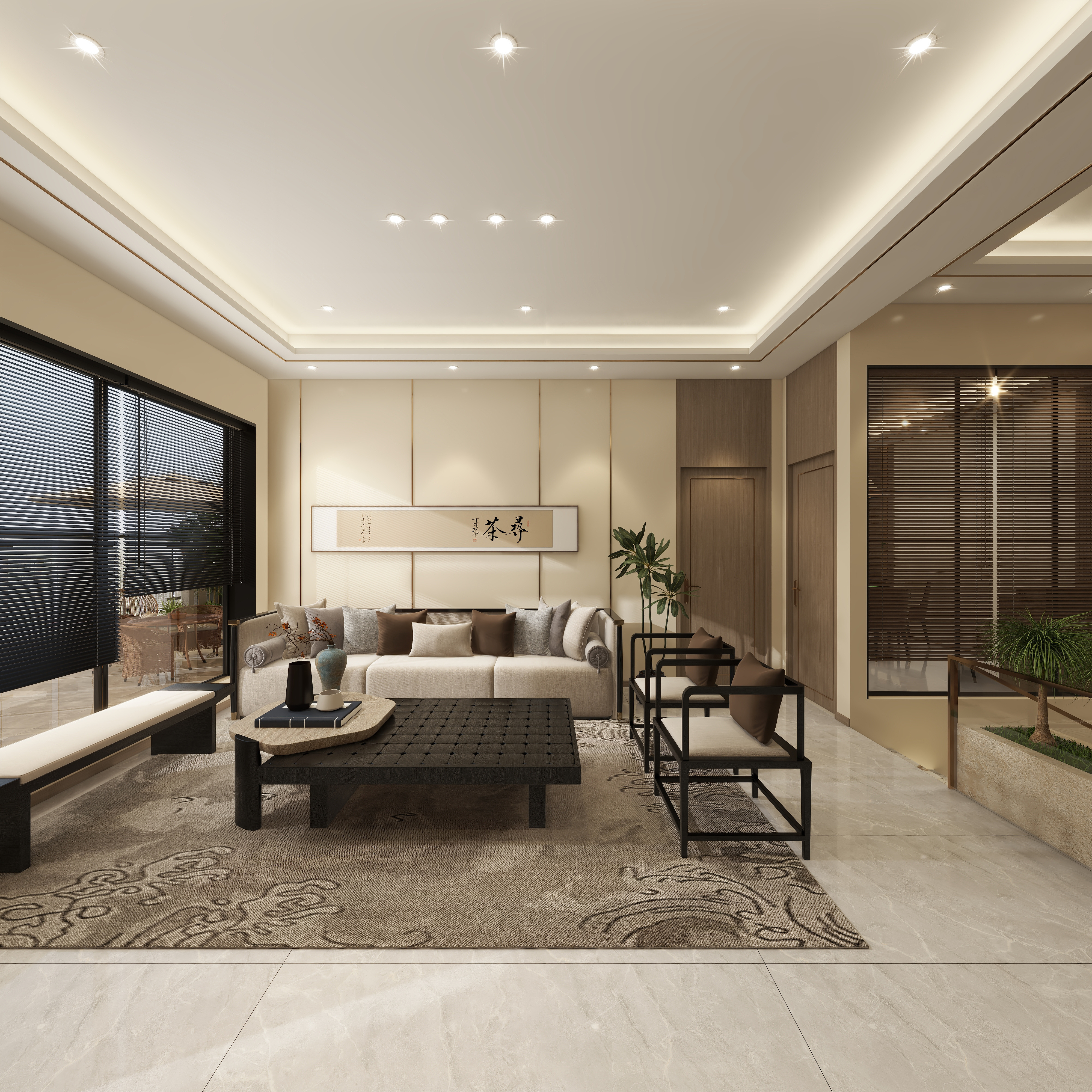 设计师珂源-金地悦海湾新中式360㎡茶楼三层休闲空间装修效果图第5张