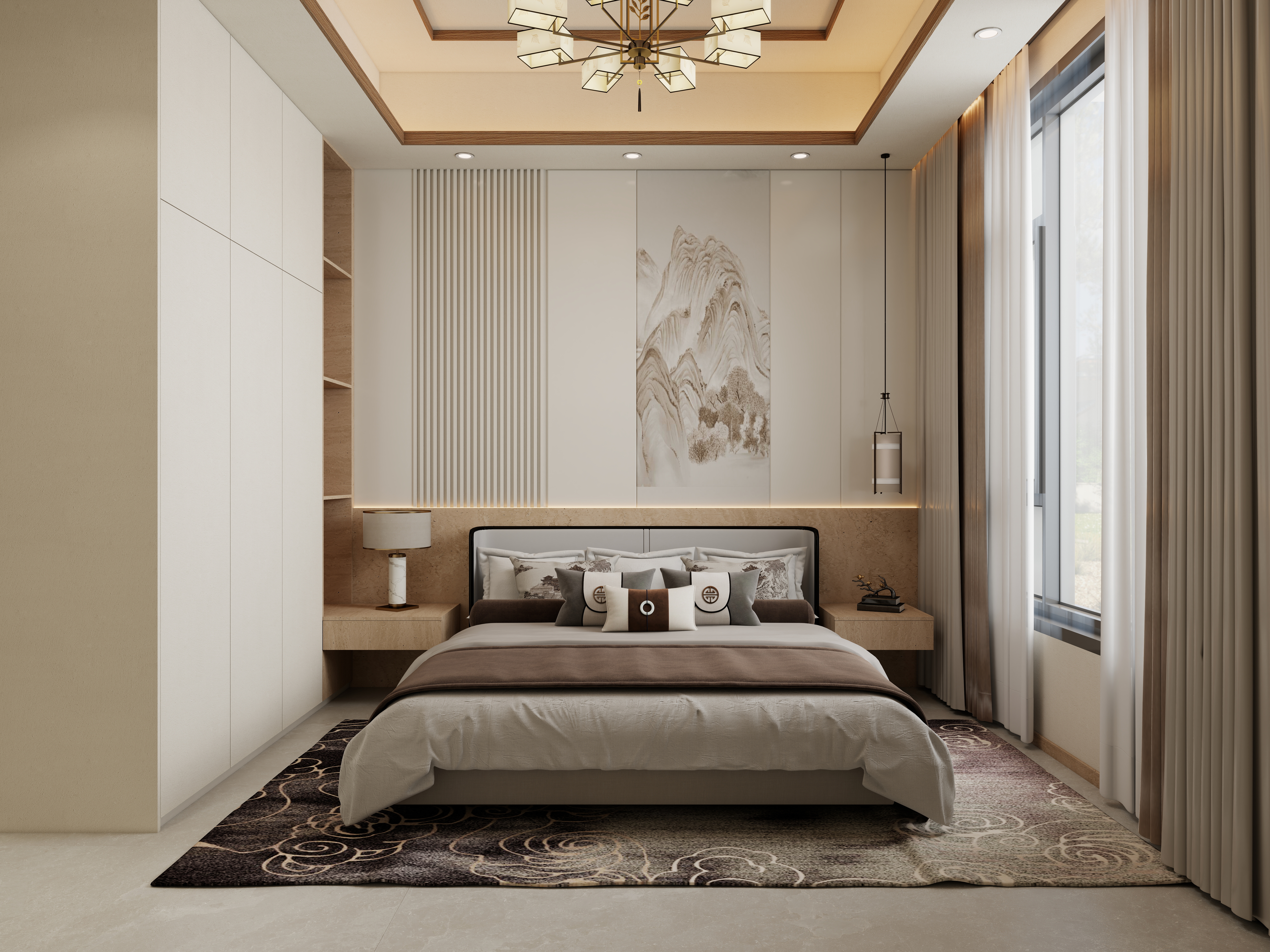 张煜强煜境设计-537平米简约宋氏中式自建别墅一层卧室装修效果图第2张