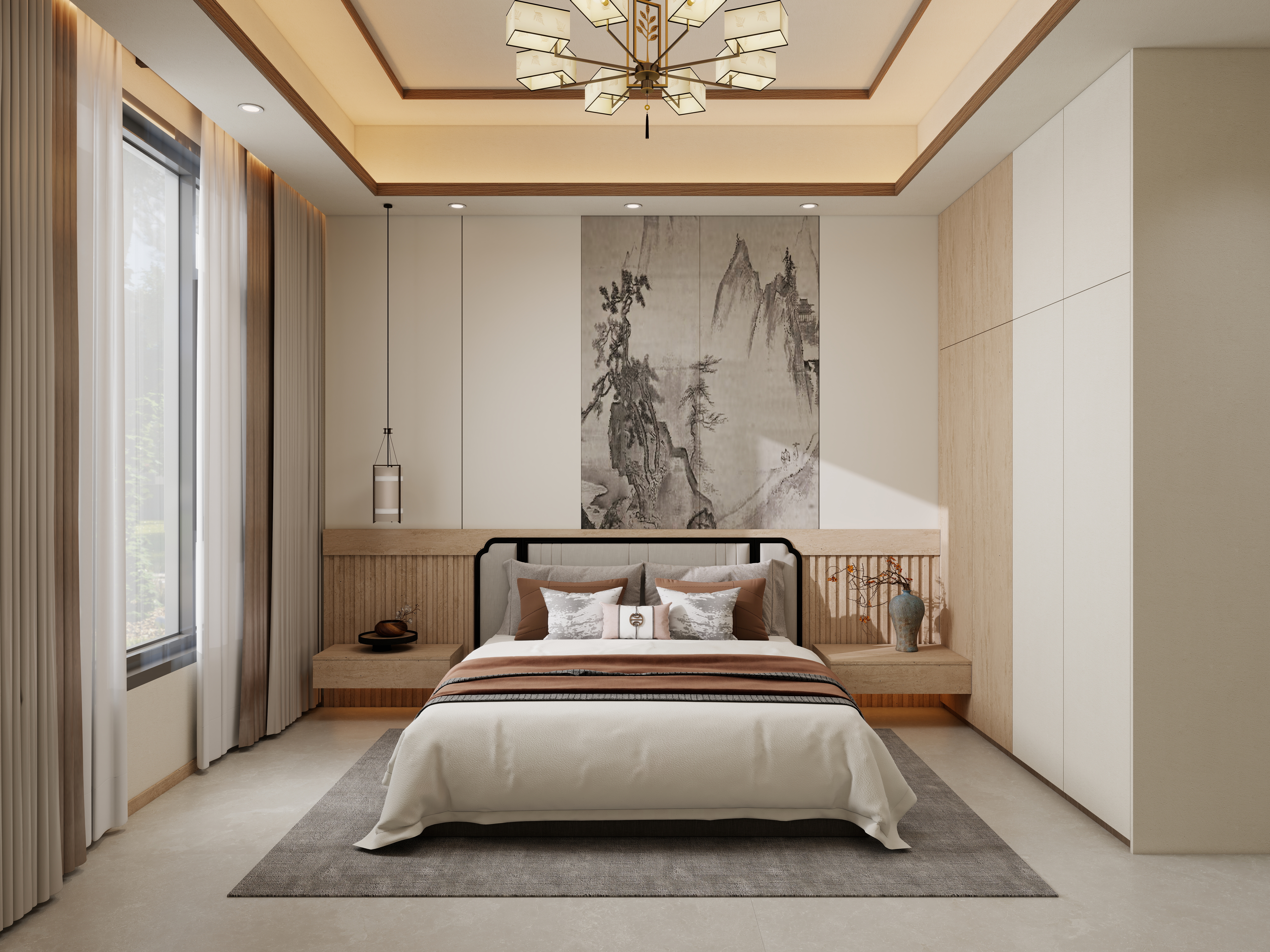 张煜强煜境设计-537平米简约宋氏中式自建别墅一层卧室装修效果图第2张