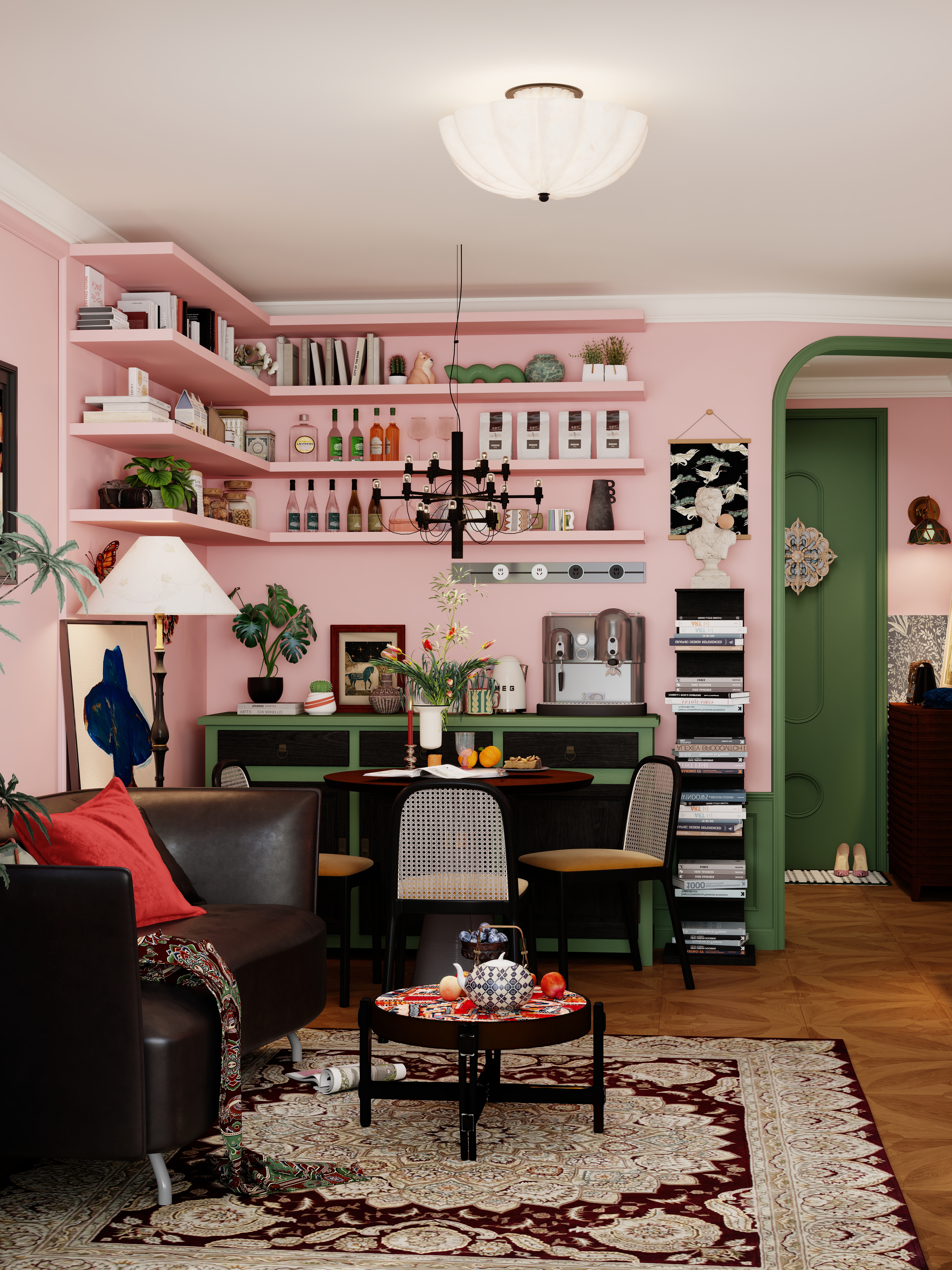 点点设计.-一人居·粉绿复古一层客餐厅装修效果图第4张