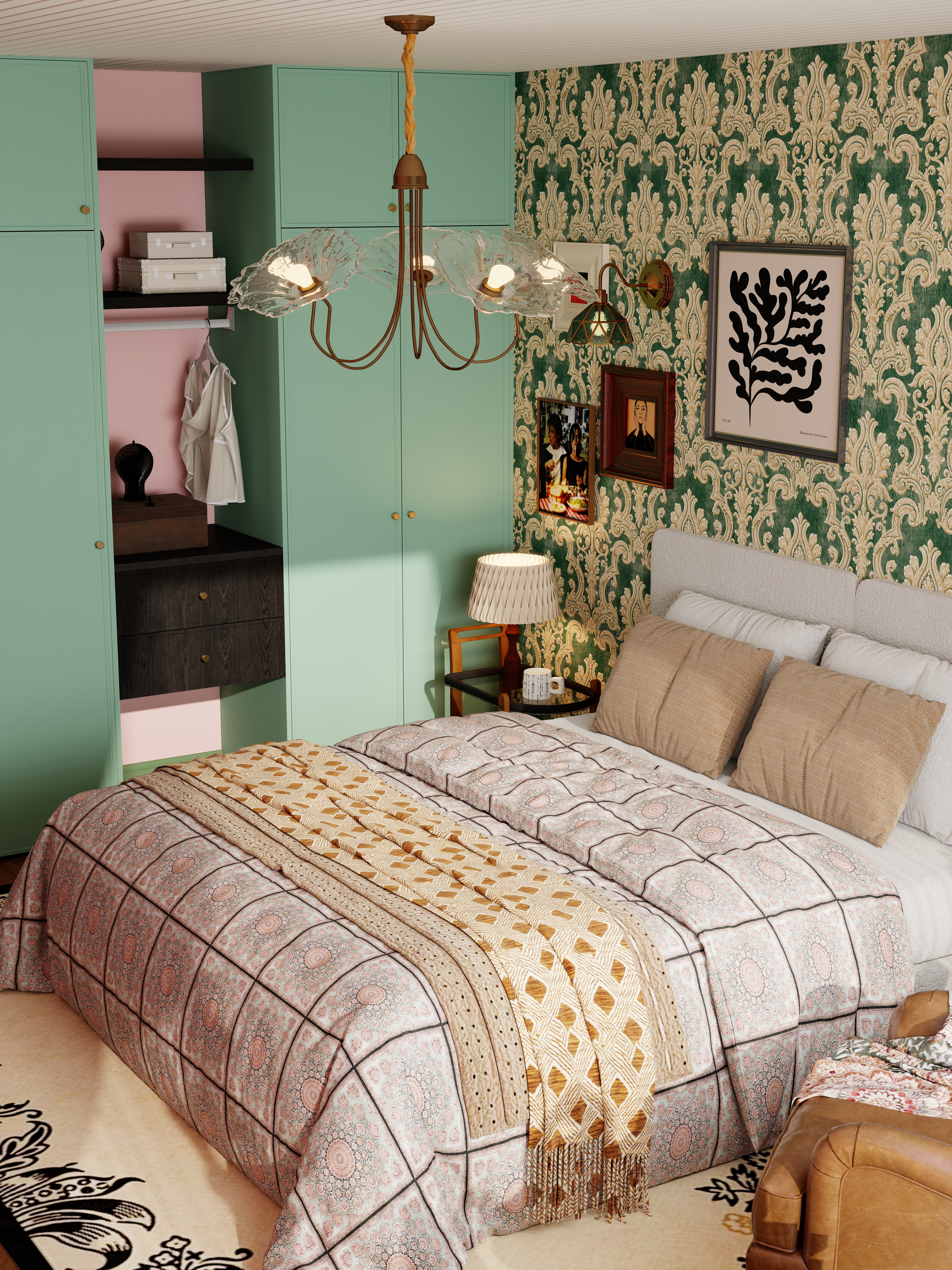 点点设计.-一人居·粉绿复古一层卧室装修效果图第2张