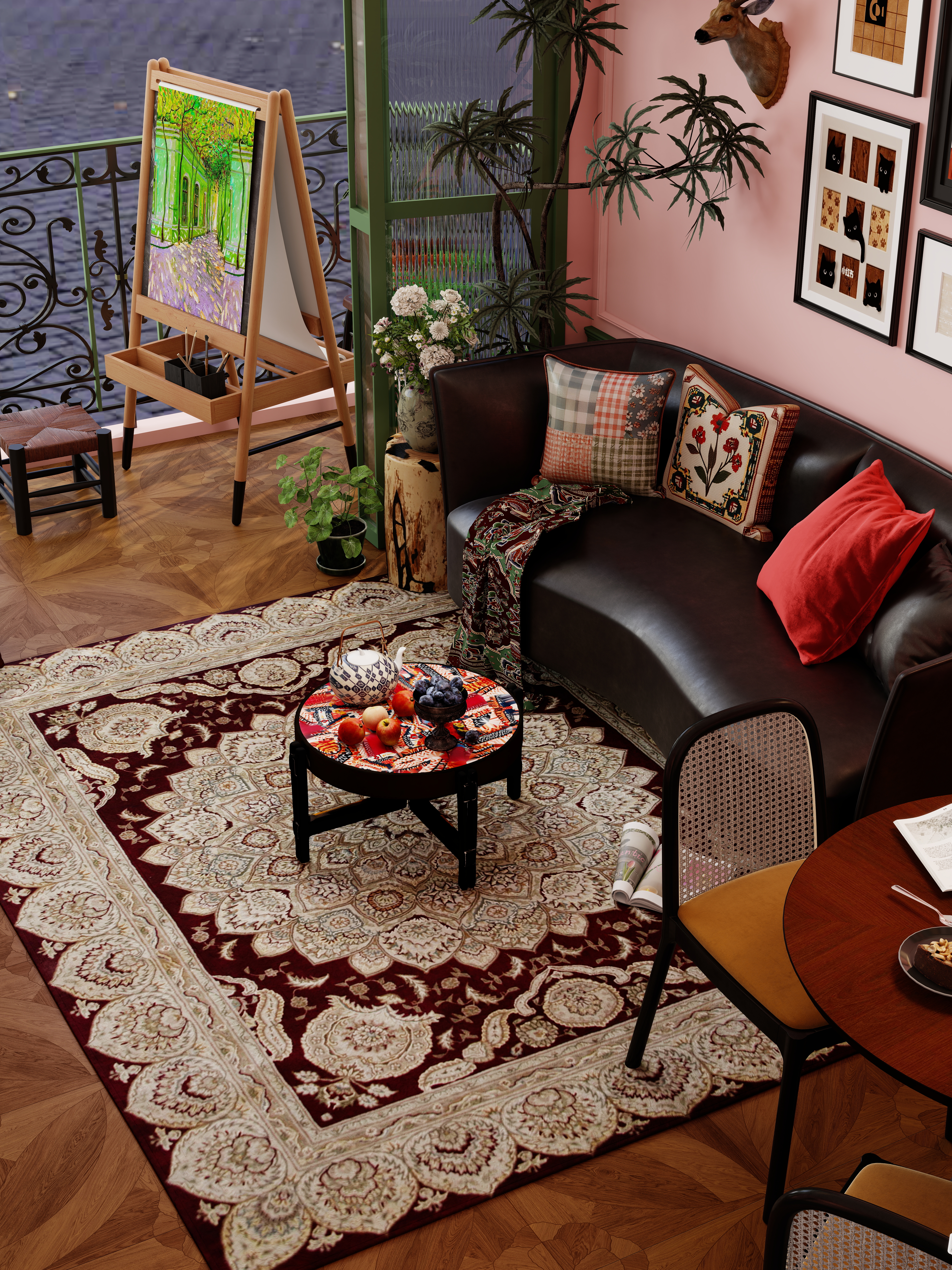 点点设计.-一人居·粉绿复古一层客餐厅装修效果图第5张