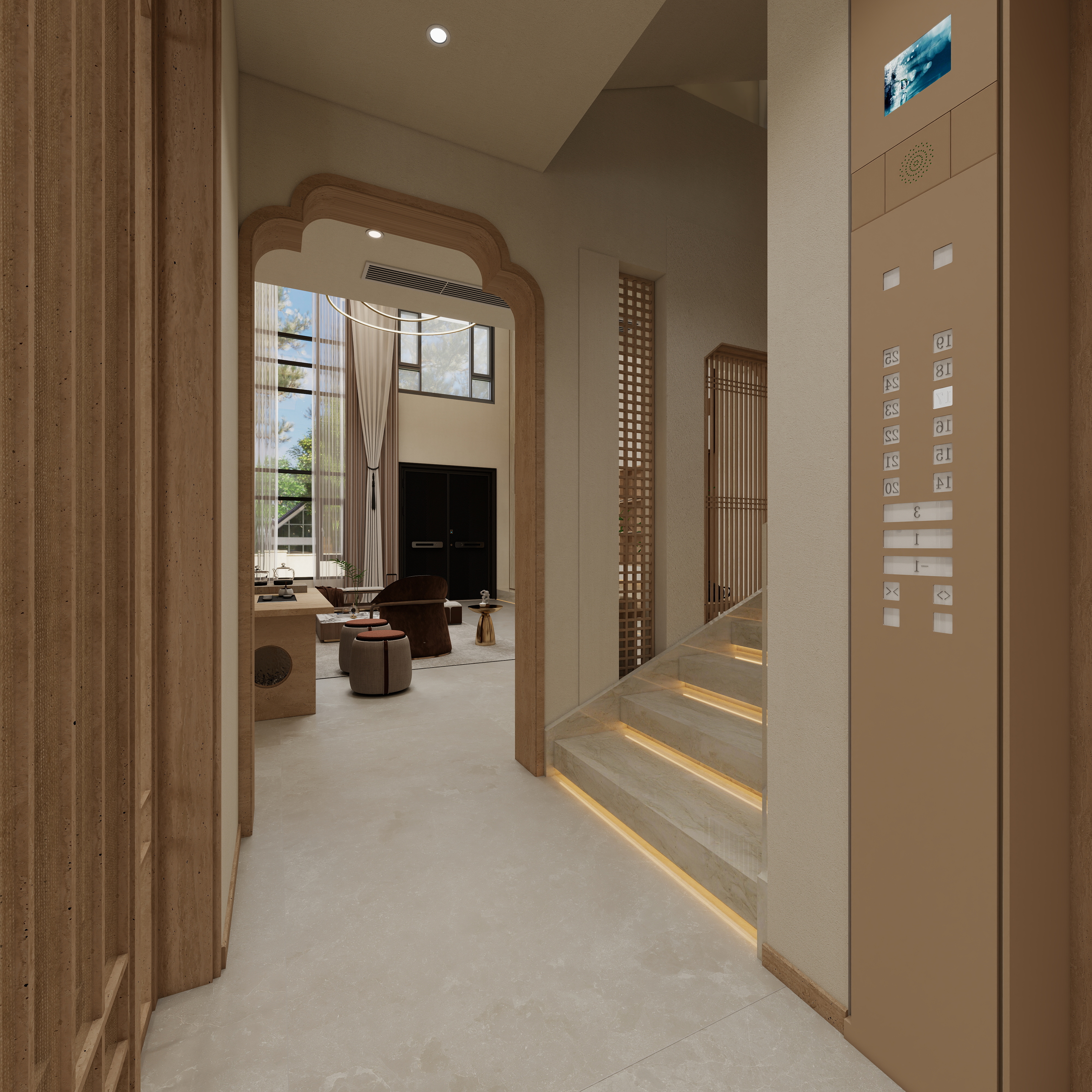 张煜强煜境设计-537平米简约宋氏中式自建别墅一层楼梯间装修效果图第3张