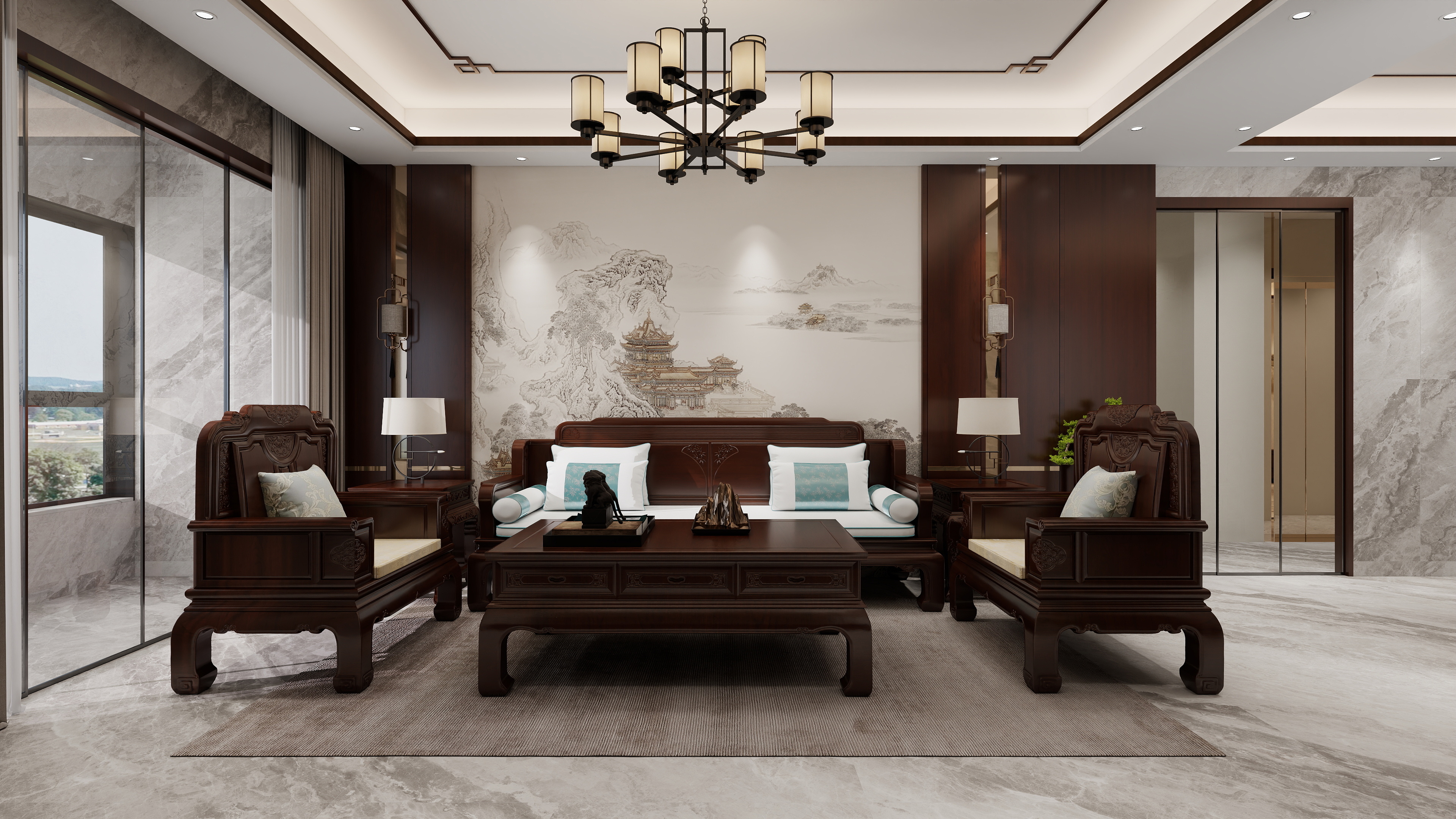 李青越-216方中式两层装修效果图