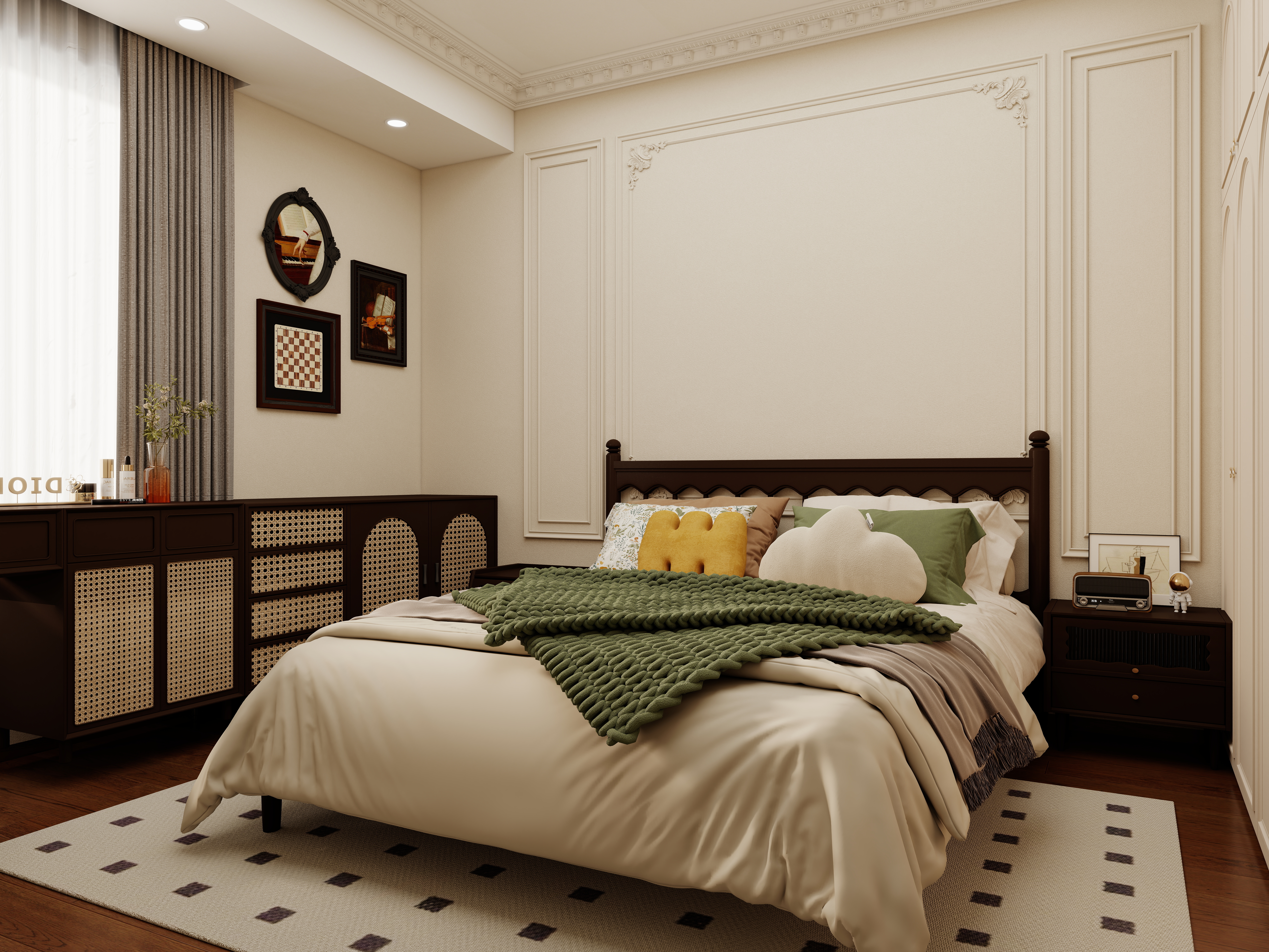 壹诺设计工作室-复古风一层主卧装修效果图第2张