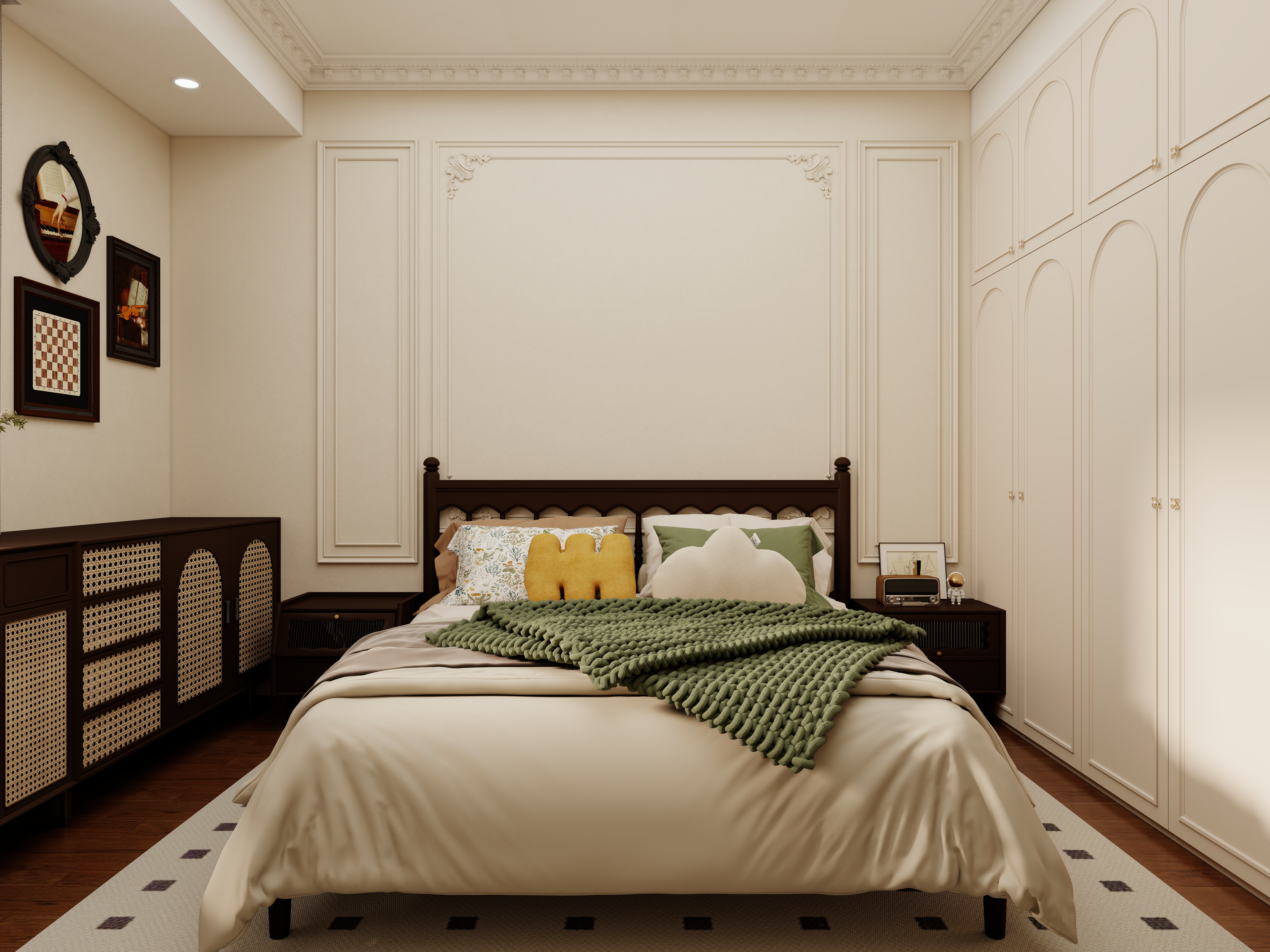 壹诺设计工作室-复古风一层主卧装修效果图第3张