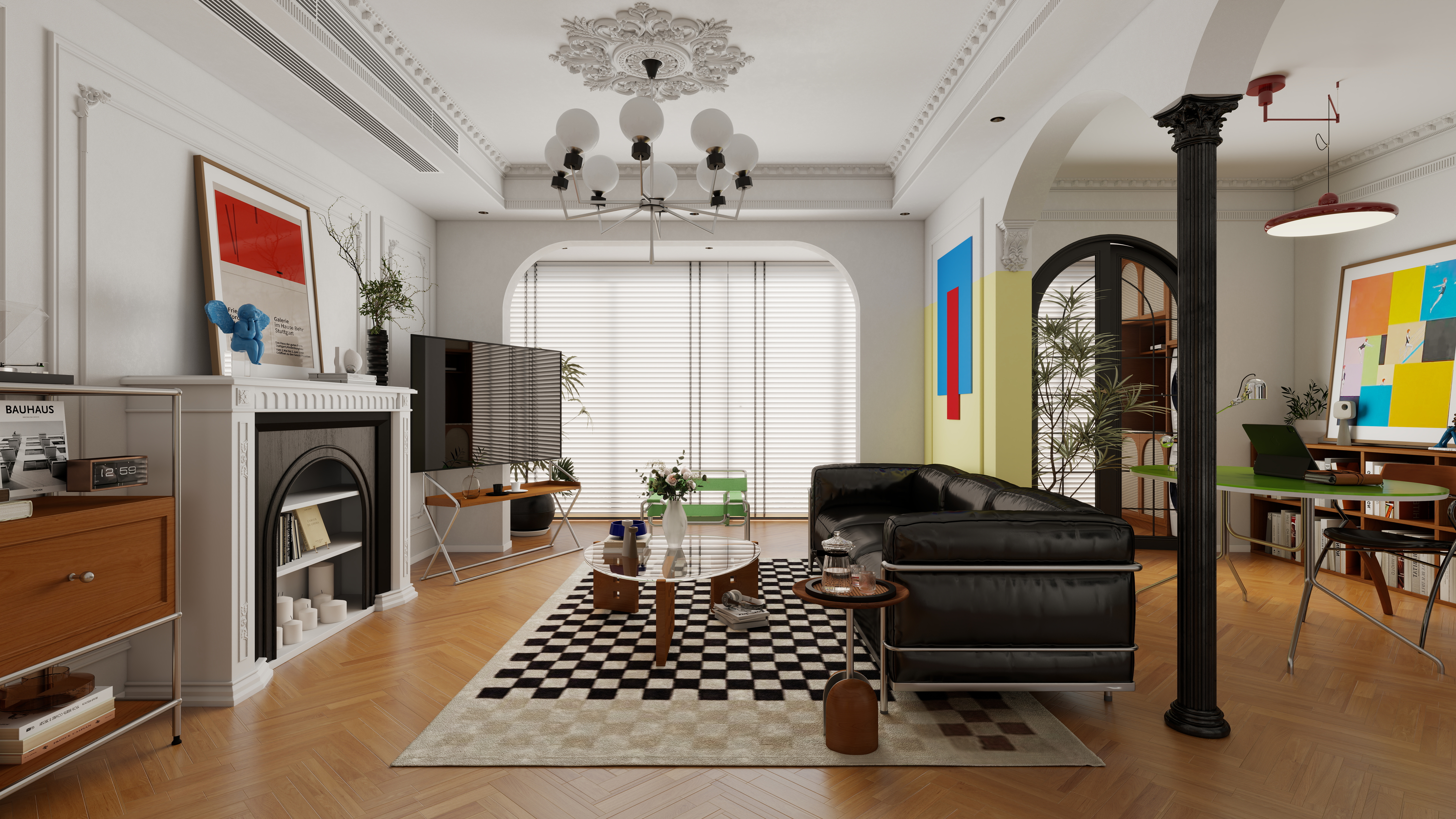 星空设计500一套-法式包豪斯混搭风格一层客餐厅装修效果图第2张