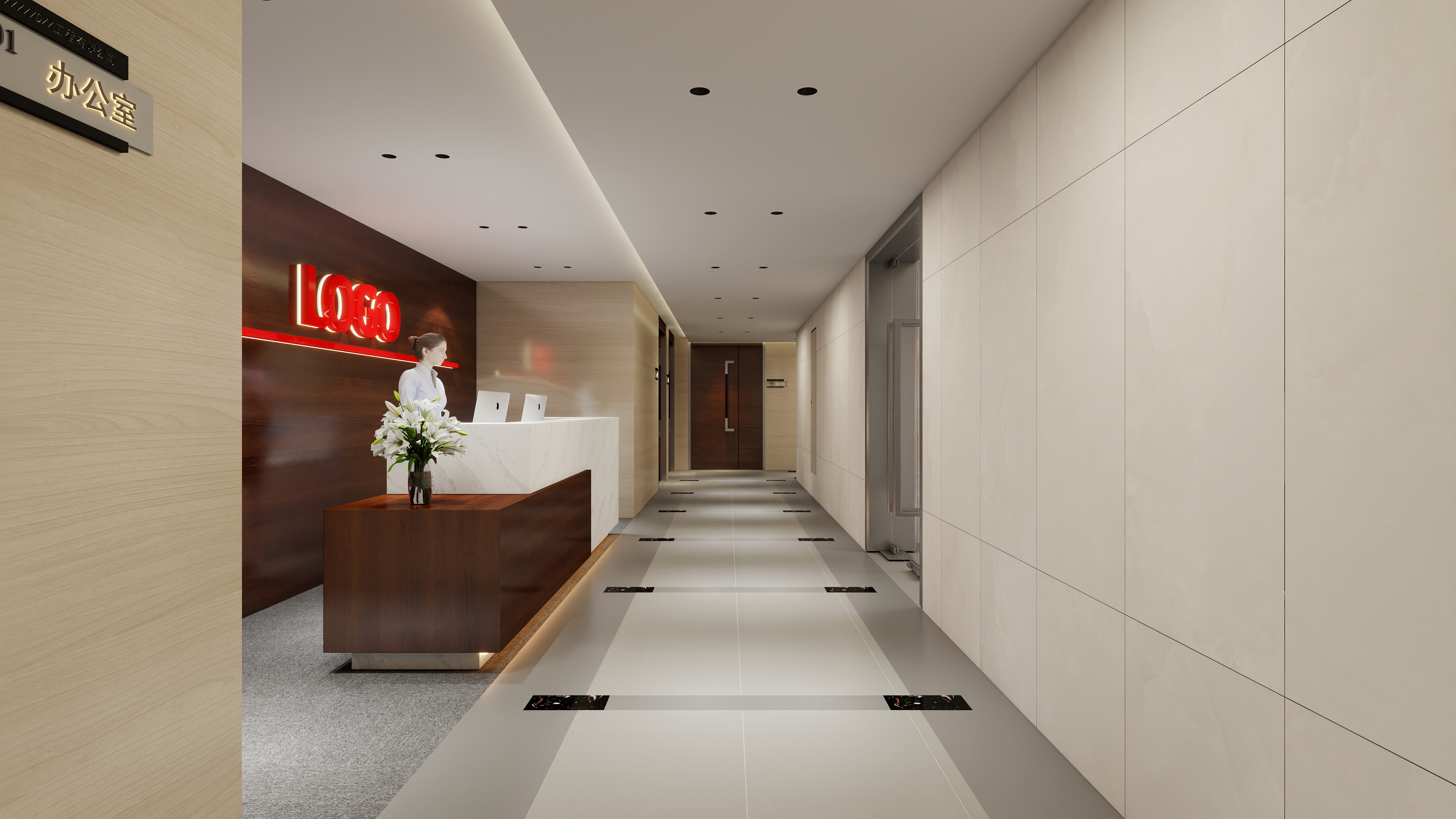 神马云在线-937.55m办公方案一层走廊通道装修效果图第2张