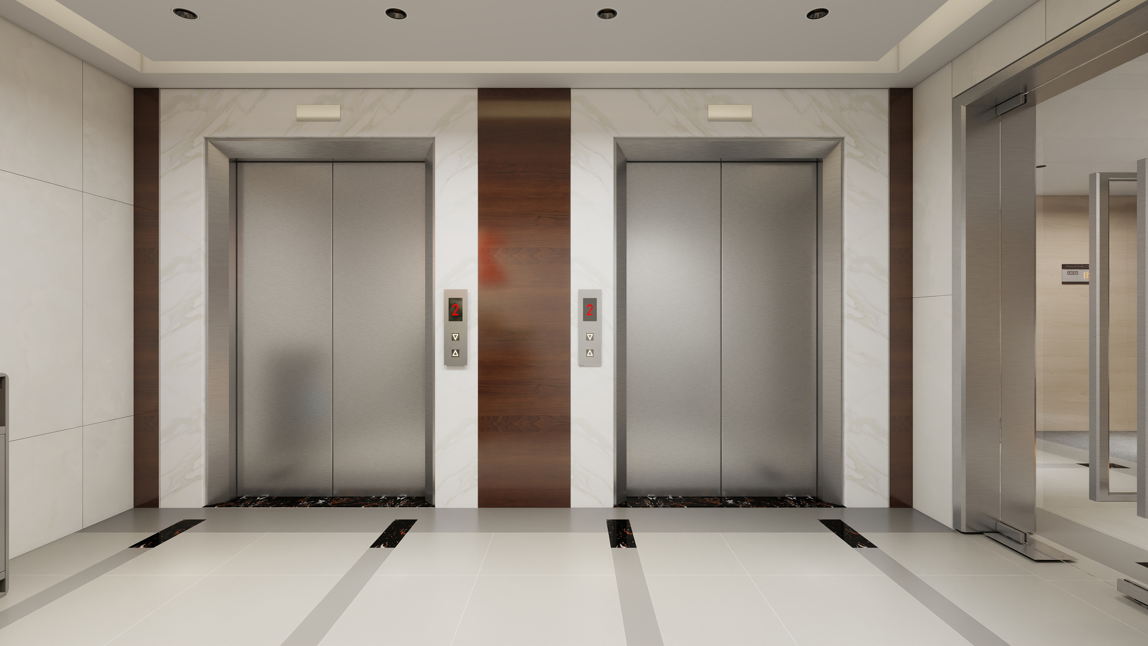 神马云在线-937.55m办公方案一层电梯间装修效果图第1张